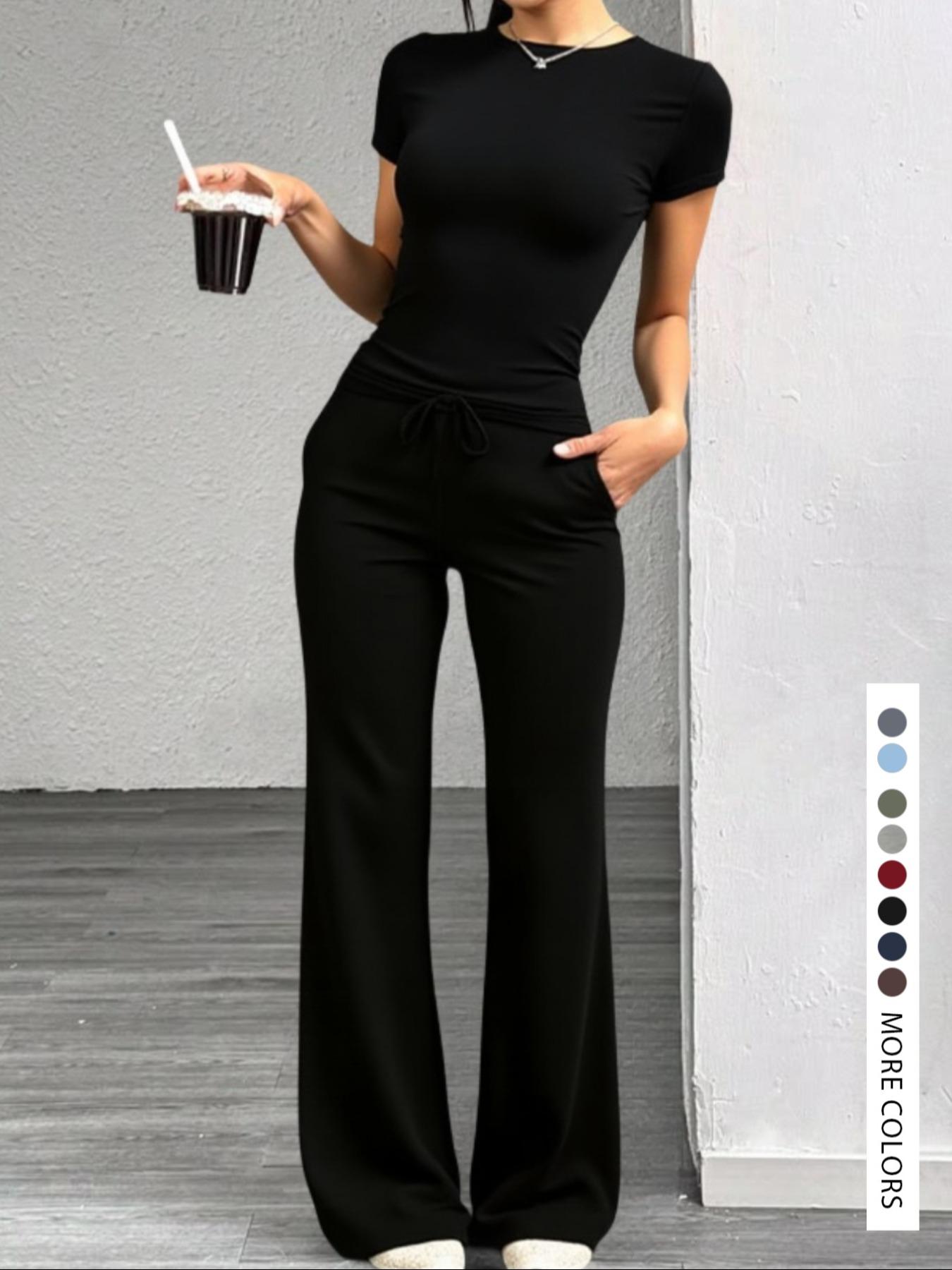 Women's Short Sleeve Top Long Pants Drawstring Casual Set, Fitted Knit Solid Color No Pocket Set, Elegant Style Summer