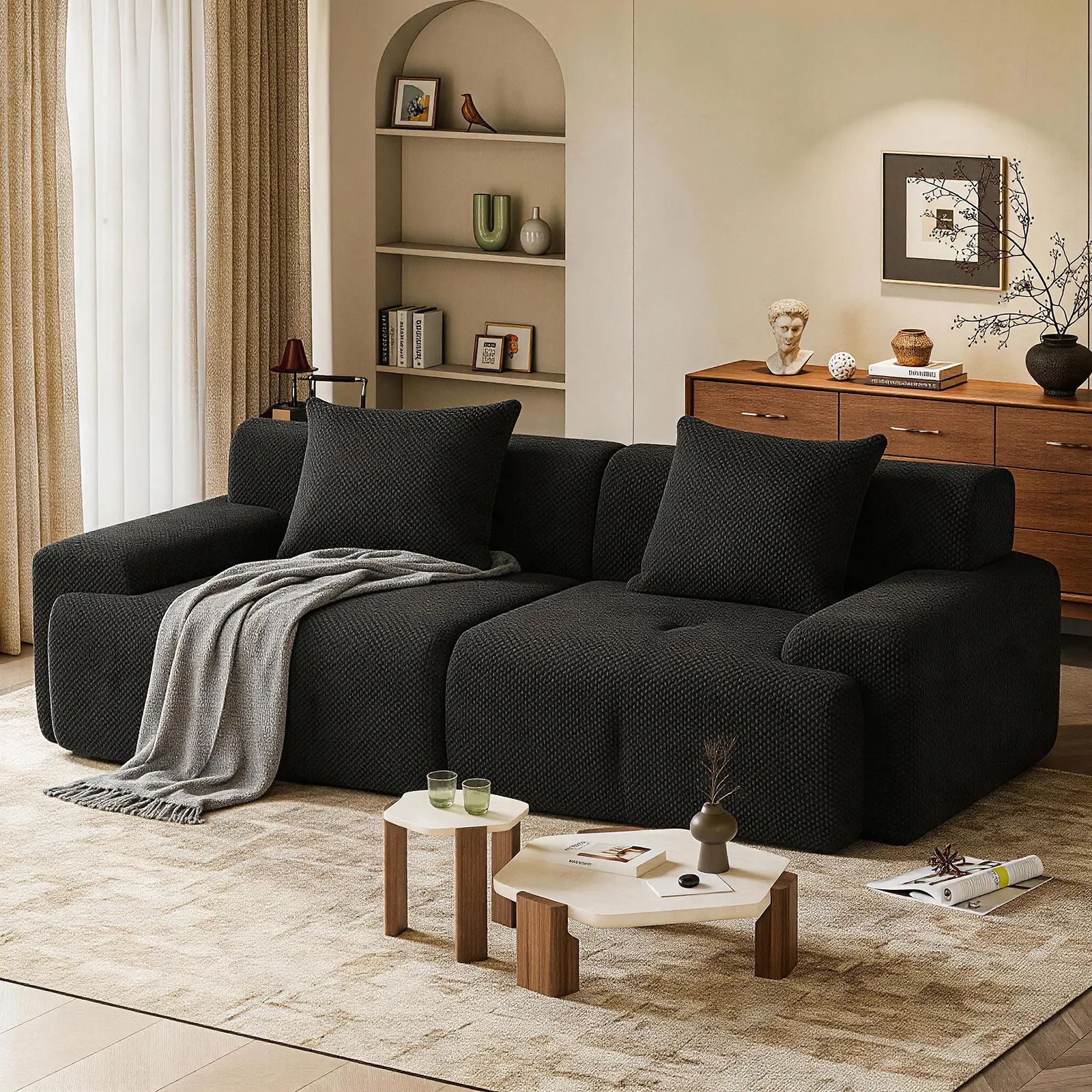 ARCH Modular Loveseat Sectional Sofa for Living Room, Comfy Tufted Cloud Floor Couch with 2 Pillows, Boneless Conversion Sofa for Small Spaces, Black Fabric, 2-Seat, 36.6x73.2x27.5in, Black Color Options, Fabric Material, 2 Seat Seat Count