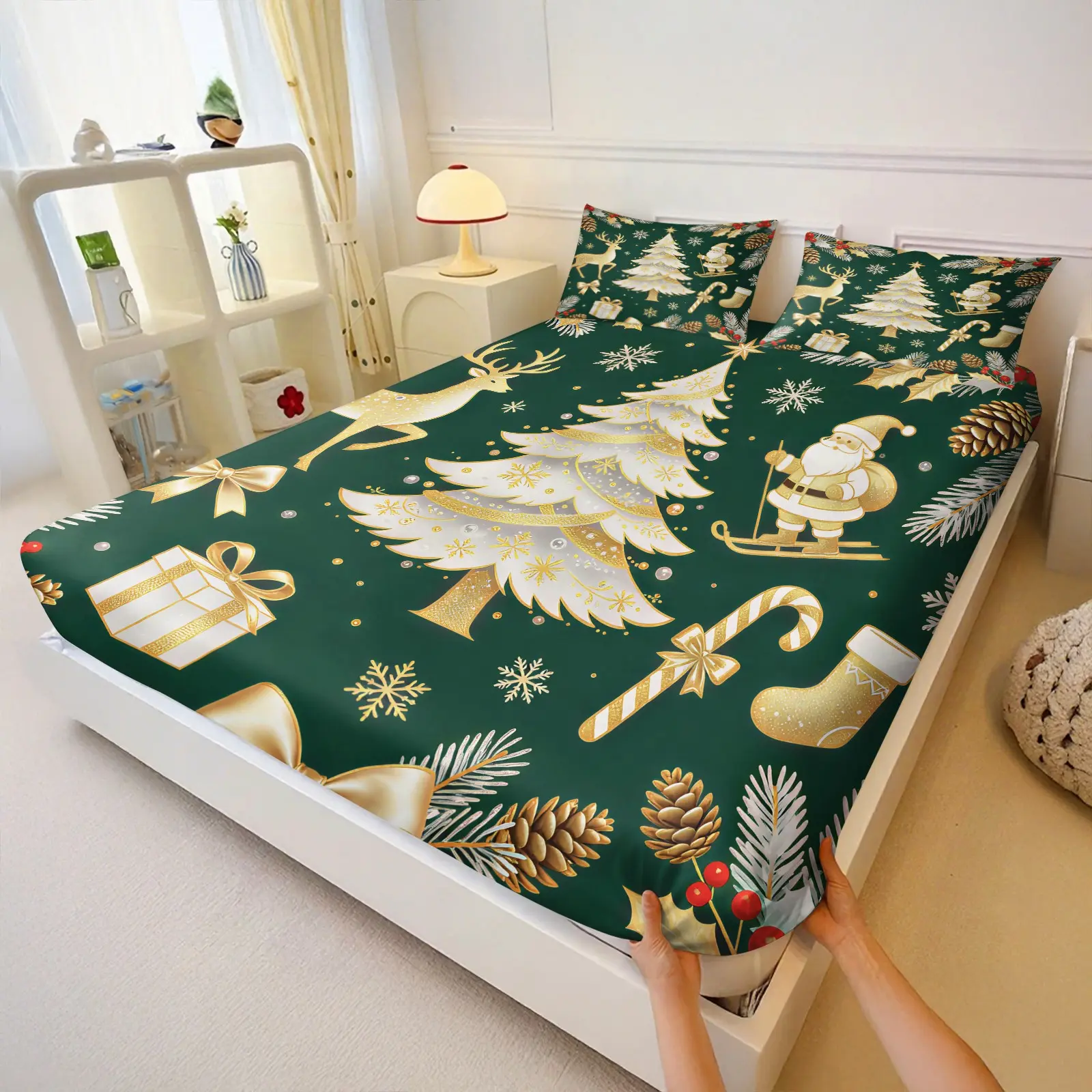 3Pcs Winter Christmas Fitted Sheet Set, all-over snowflake elk gift box print, stretch fitted breathable mattress protector