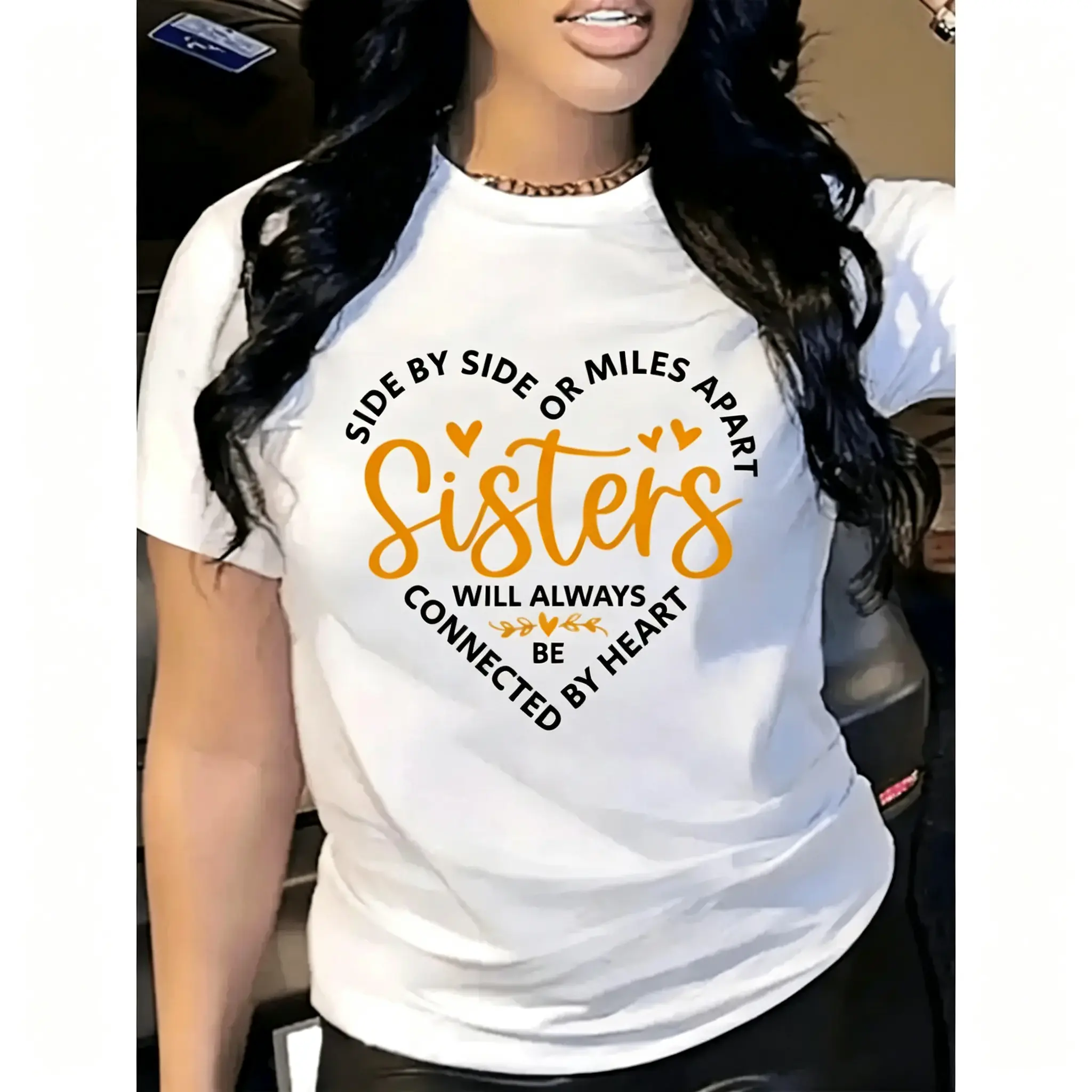 Sister Heart Letter Print T Shirt Womens Casual Crew Neck Short Sleeve All Season Wear