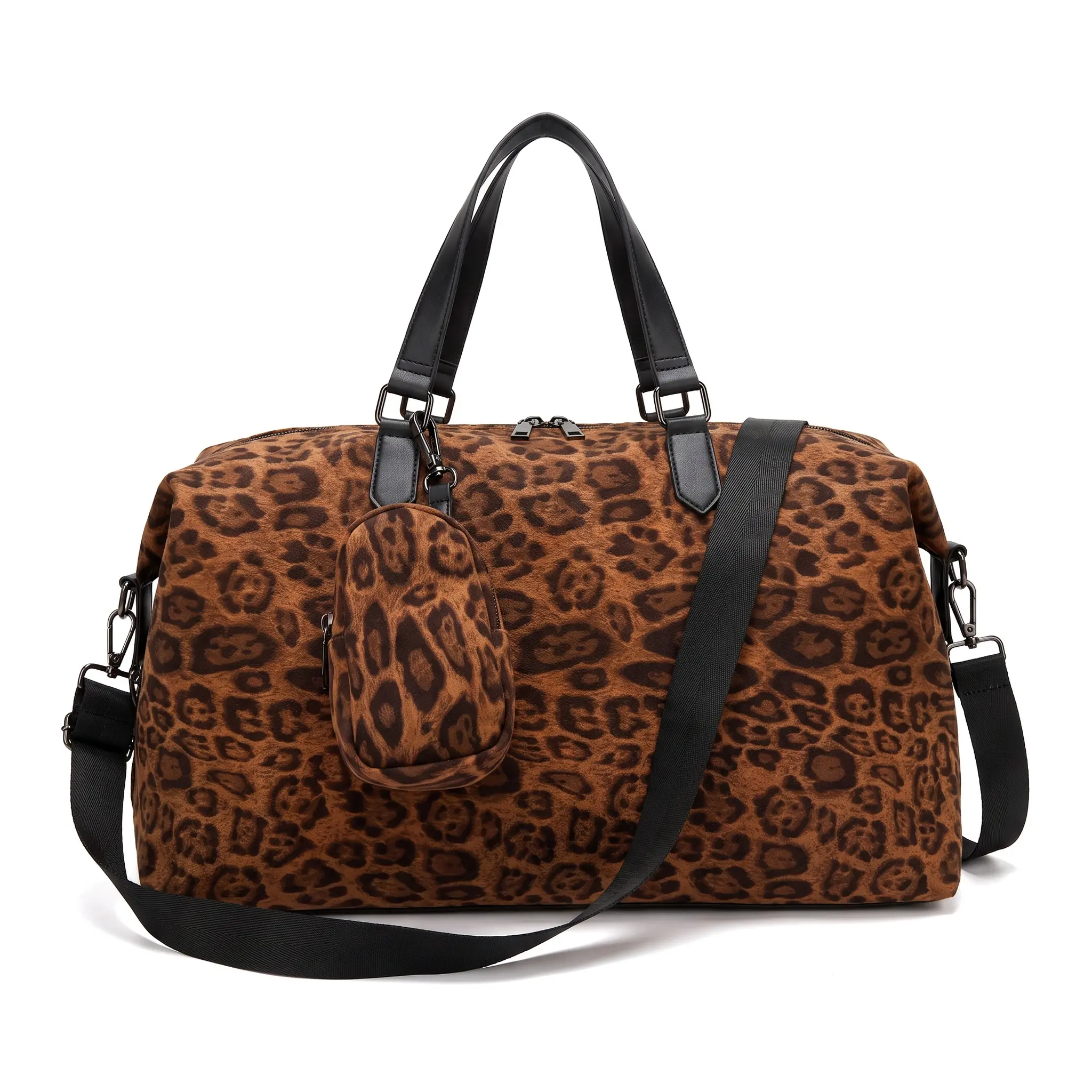 Women's Leopard Print Suede Shoulder Bag - 20-35L Minimalist Travel Casual Luggage with Breathable Polyester Lining, Adjustable Straps, Secure Zip Closure