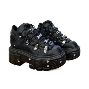 Unisex Retro Punk Chunky Platform Lace-up Shoes With Metallic Accents, Casual Footwear Sneaker Black Closed Boy