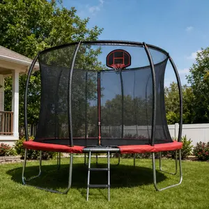 ARCH 12FT Outdoor Trampoline for Kids and Adults, Galvanized Steel Frame with W-Shape Legs, Black+Red, Enclosure Net with Foam Poles, Basketball Hoop Set, UV-Resistant Mat and Spring Cover, Garden Backyard Fun, Black+Red Color Options