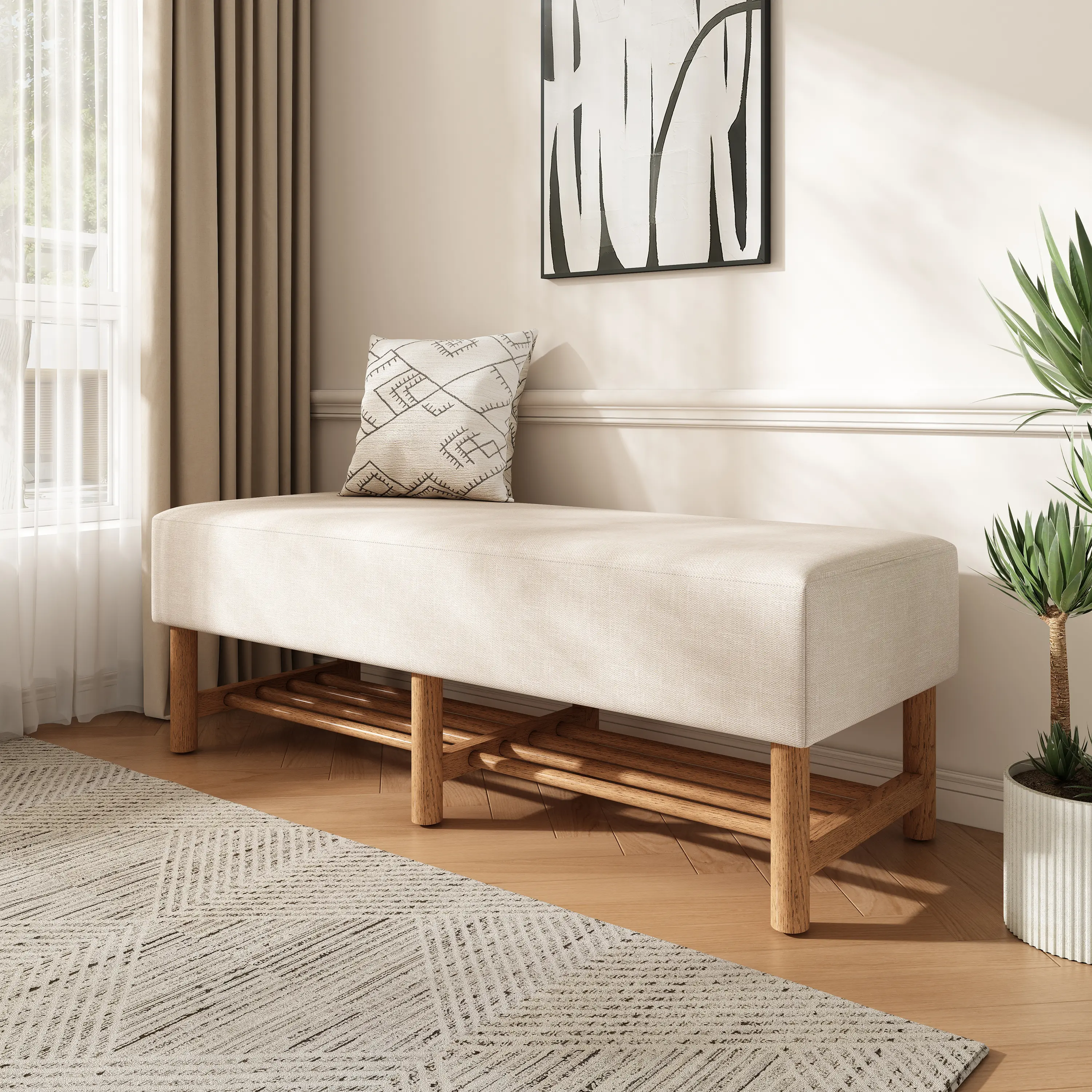 Beige Linen Upholstered Rectangular Ottoman Bench with Solid Wood Legs and Open Storage Shelf