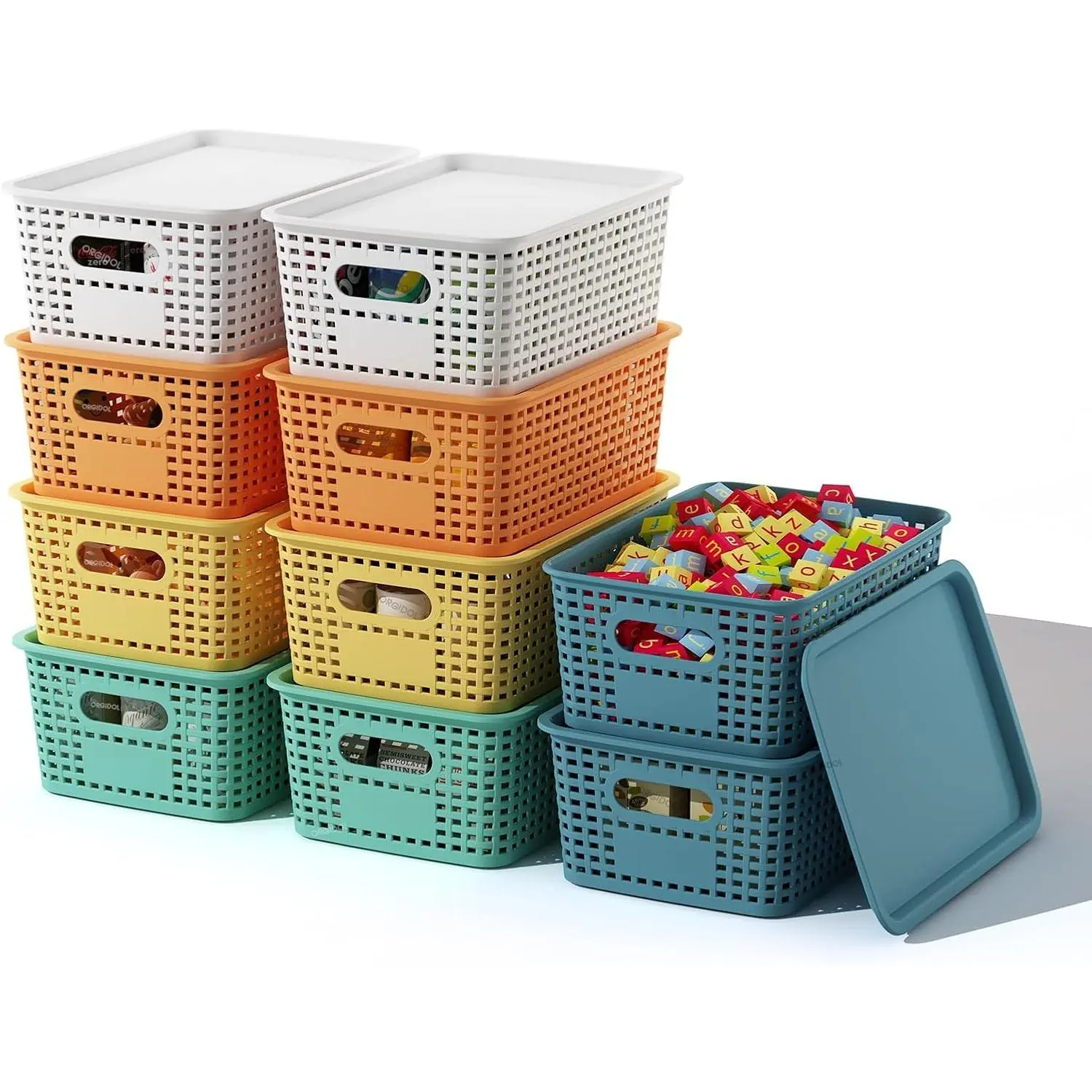 Plastic Storage Basket with Lids 10 Pack Stackable Colorful Storage Bins Containers with Lid, Decorative Storage Boxes for Organizing Shelves, Drawers, Playroom, Classroom, Office, Closet