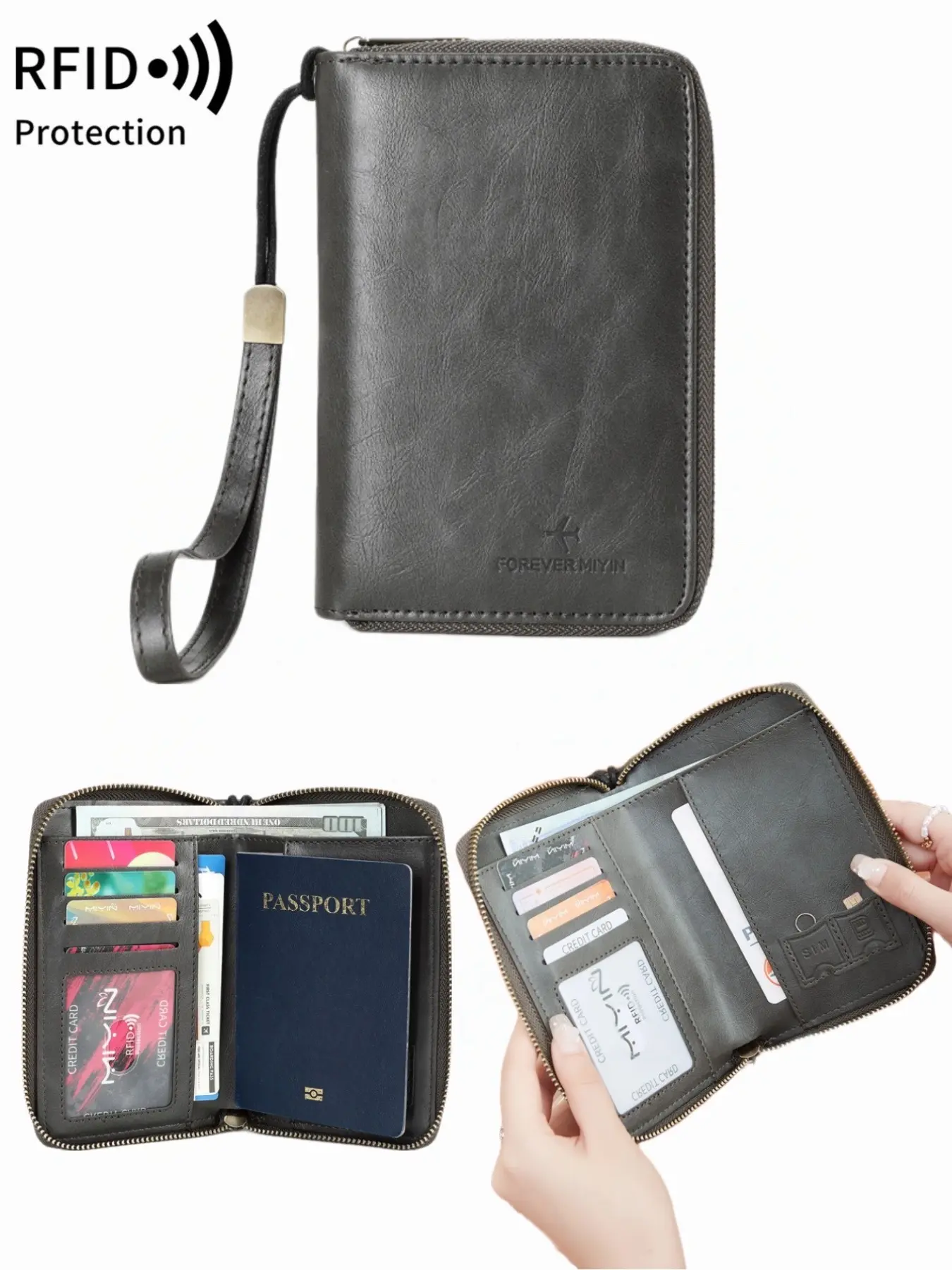 Multi-Functional RFID Blocking Travel Passport Holder, Zipper Closure Large Capacity Document Wallet With Wrist Strap, Multiple Card Slots & Cash Compartment, Travel Must-Have For Trips