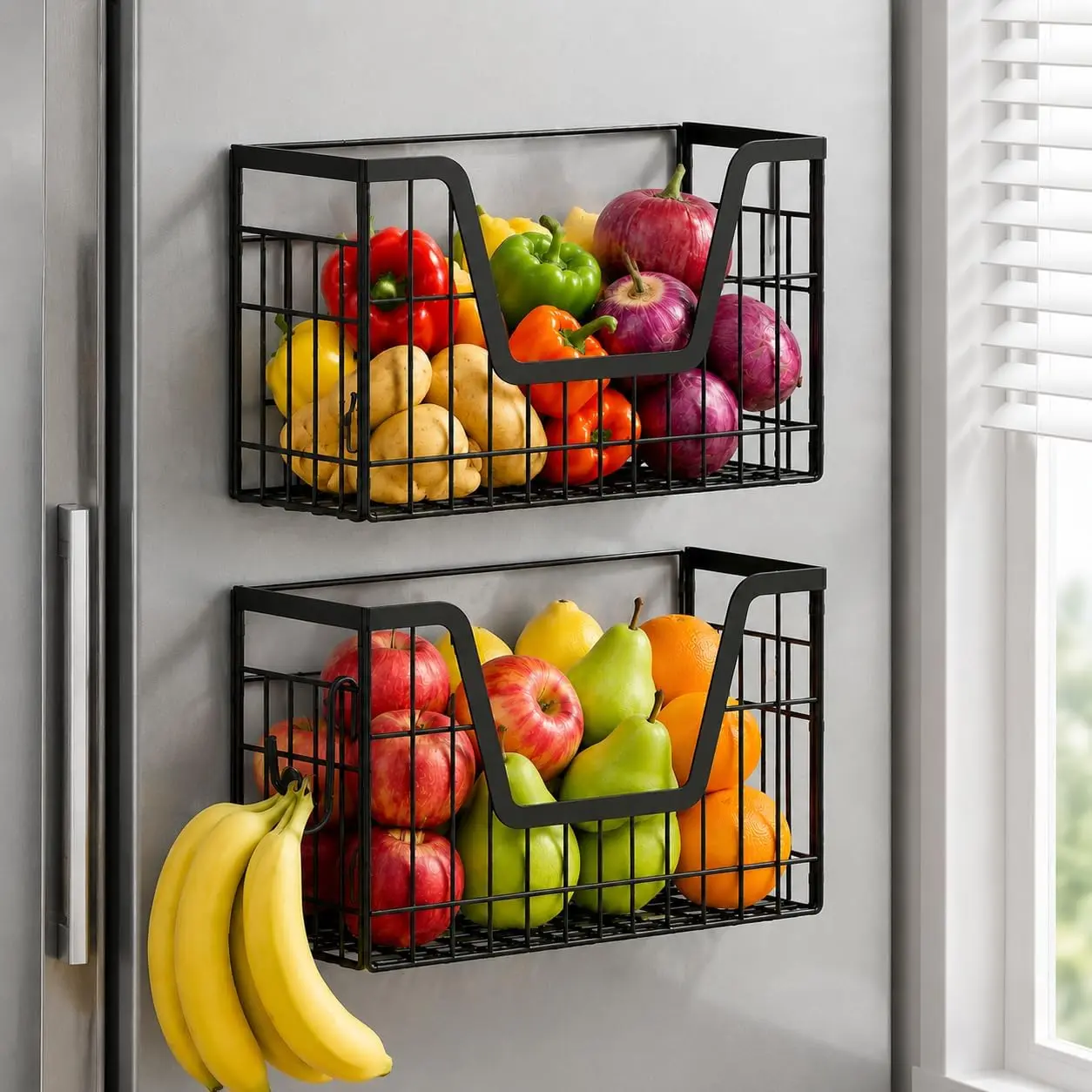 2-Pack Metal Fridge & Cabinet Storage Racks, Smooth Lightweight Hollow Baskets, Upgraded Material, 30 lbs Load Capacity, Spacious Space-Saving Fruit Organizers for Kitchen Home Supplies
