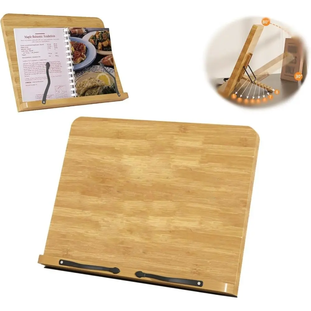 Bamboo Book Stand for Reading, 11" x 8.6" Premium Wooden Cookbook Holder and Recipe Stand for Kitchen Counter, Foldable Adjustable Desk Easel with 8 Angles for Textbooks, Sheet Music, Tablet