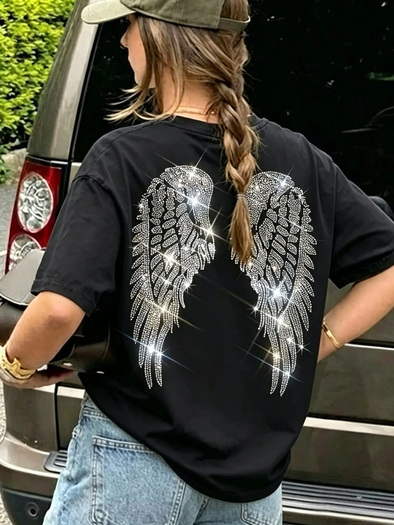 Women's Summer Street Style Rhinestone Wing Pattern Loose Short Sleeve T-Shirt, Y2K Casual Punk Top, Unisex Fashion
