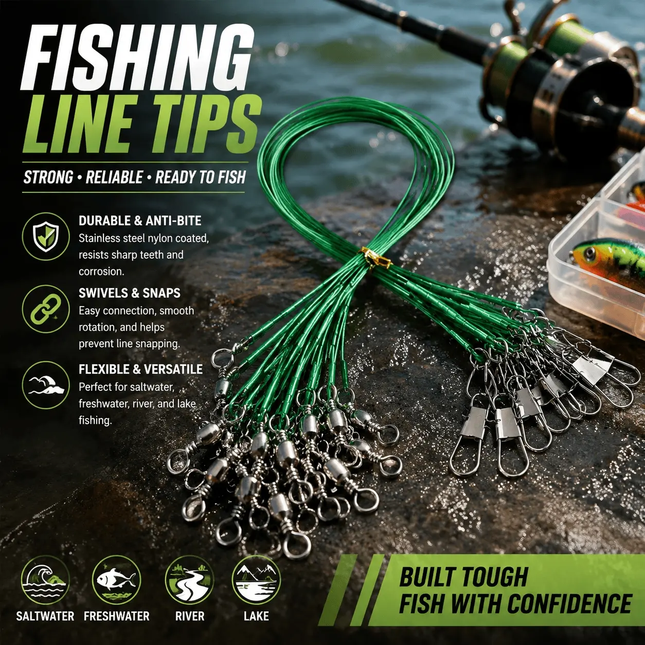 Professional Fishing Tackle: 30lb High-Strength Coated Leader Line with Swivel Snaps, Saltwater Freshwater Rig Accessories, 2 Colors, Anti-Tangle Design, Durable Fishing Gear