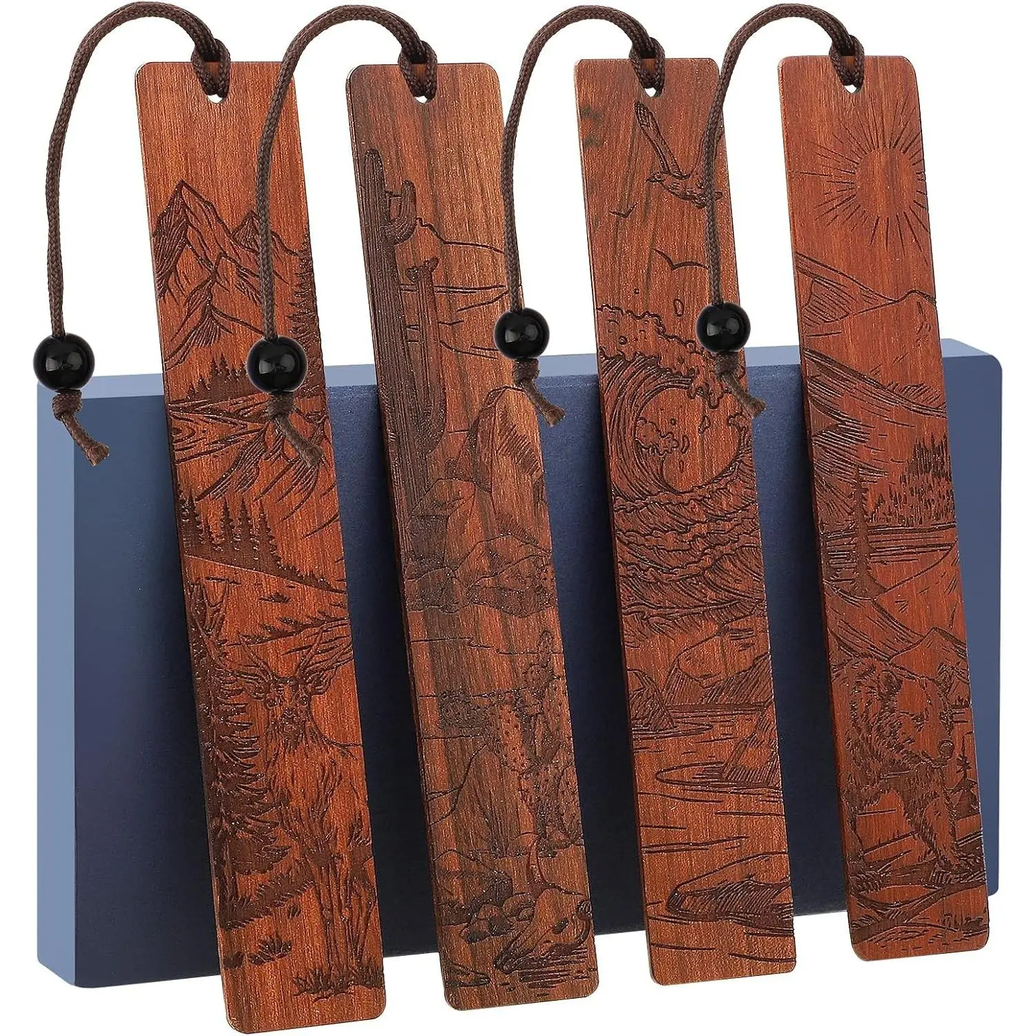 4Pcs Wood Bookmark for Men Father's Day, Adventure Scenery Wooden Carving Book Mark Gift for Men Boy Book Lovers