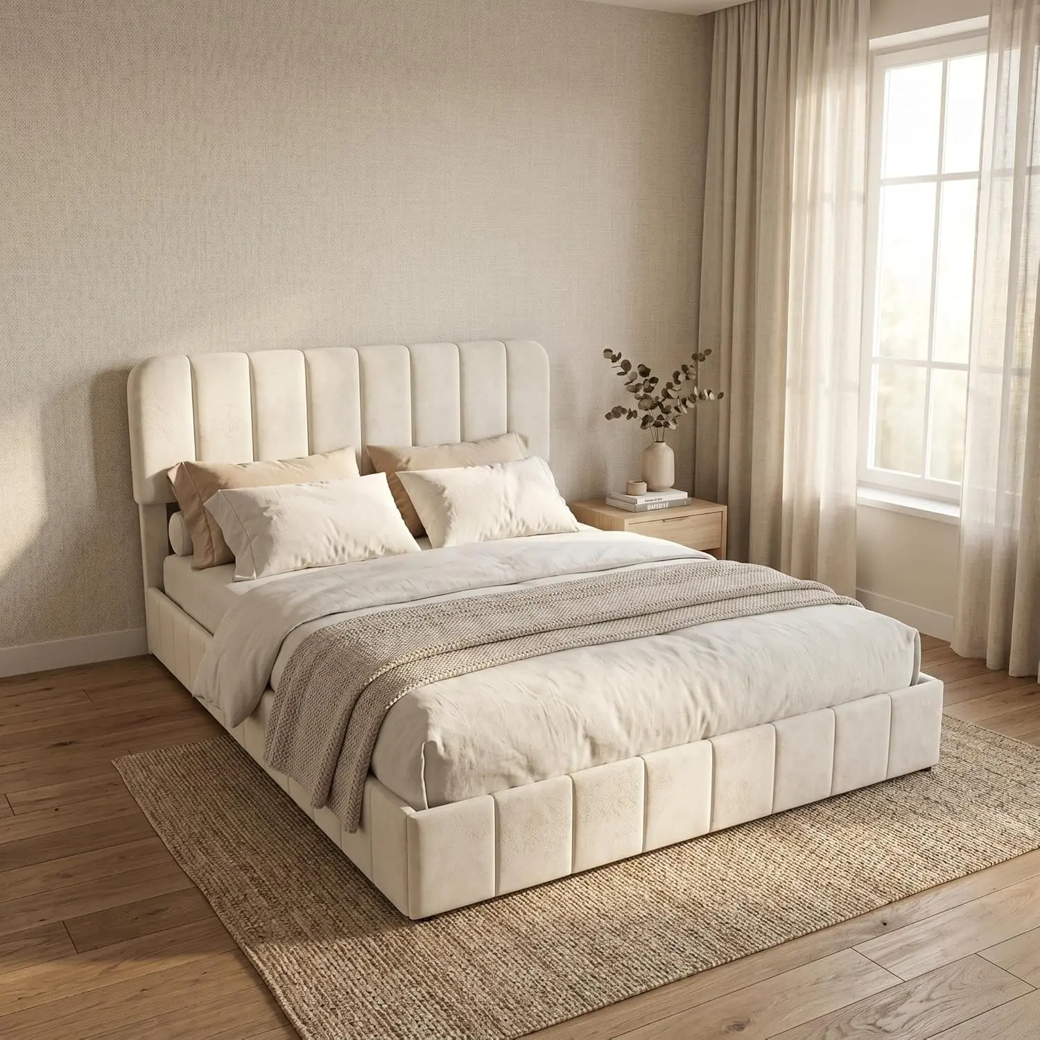 Queen Size Velvet Bed Frame with Adjustable Headboard, Upholstered Platform Bed with Vertical Channel Tufted Design, No Box Spring Needed, Easy Assembly