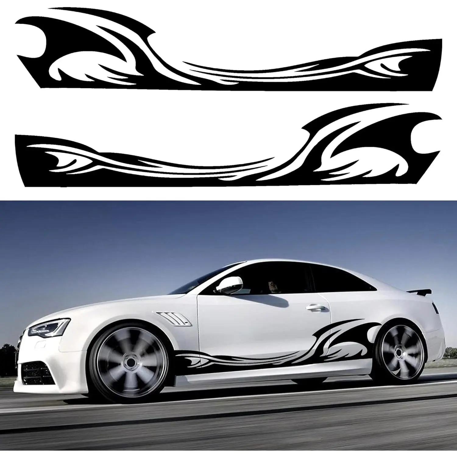 TOMALL 2Pcs 82"x15.3" Waterproof Long-Lasting 3-Layer Wave Flame Car Stickers, Self-Adhesive Permanent Vinyl Racing Stripes, Cool Exterior Decorations for Cars, Trucks, Vehicles