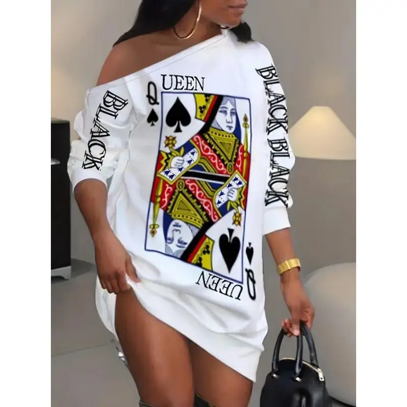 Fashion Makeup Long Sleeve Slant Shoulder Queen Poker Print Dress for Fall & Spring Sundress Corporate Girl Fired Office Siren Outfit Gamis