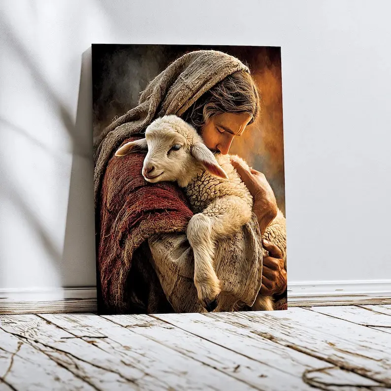 Jesus Holding Lamb Canvas Print, Good Shepherd Christian Faith Artwork, Religious Home Decor