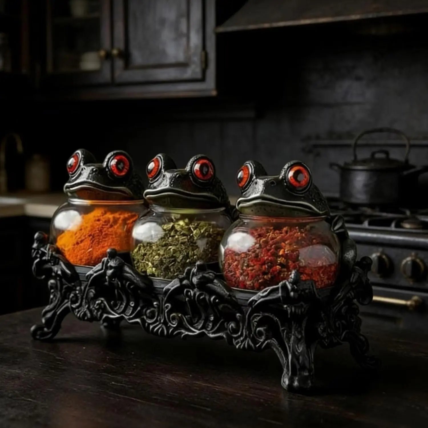 3 pieces of Gothic-style witch frog spice jars with carved bases, vintage handcrafted pharmacist jars with frog lids, dark kitchen food storage jars, spice and herb salt storage containers, unique home decoration accessories suitable for Halloween and Chr