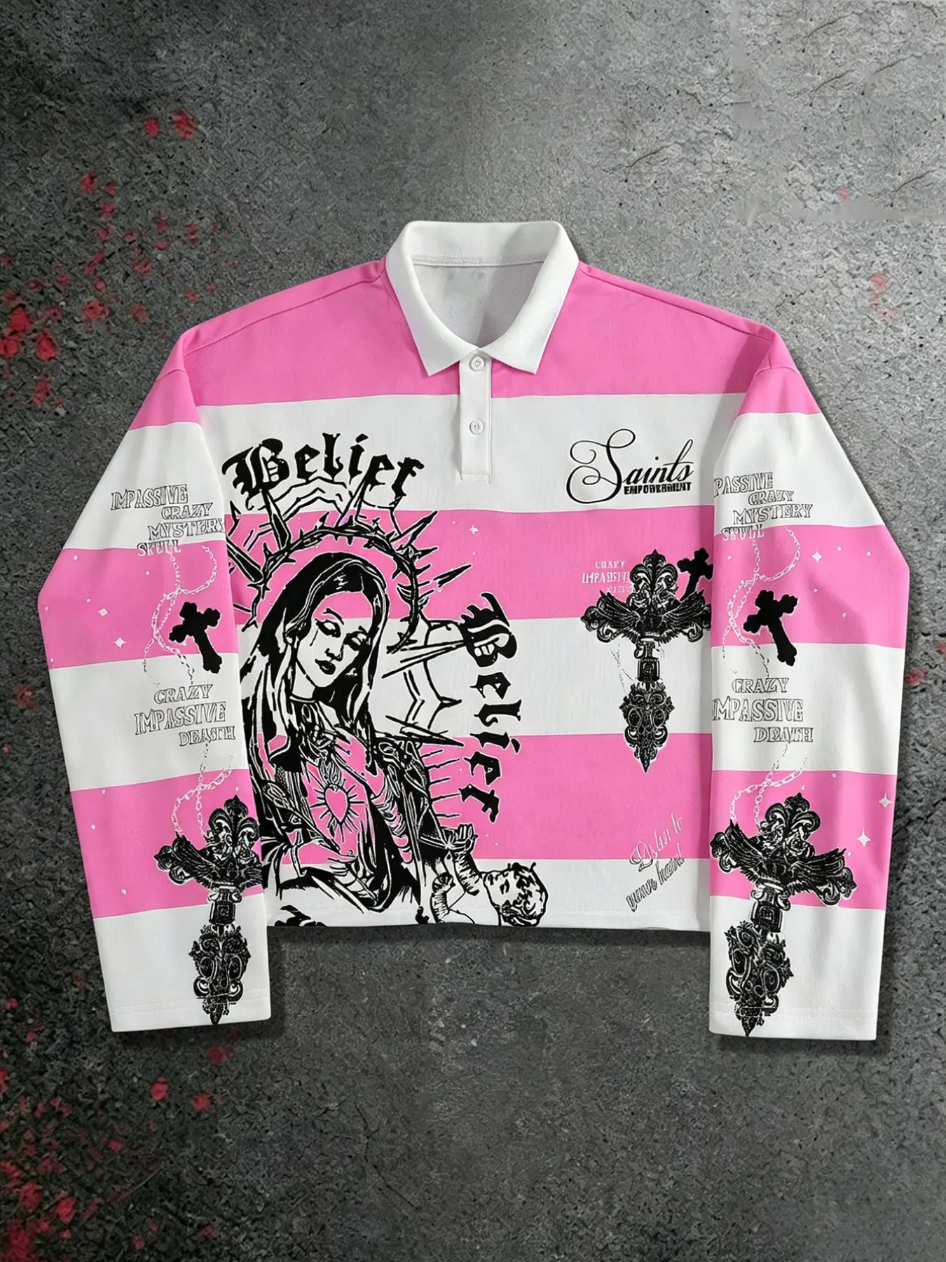 Gothic American Striped Thorn Virgin Mary Cross Long Sleeve Polo Shirts, Chicano Dark Sweet Cool Colorblock Lapel Drop Shoulder Relaxed Fit Loose Top
