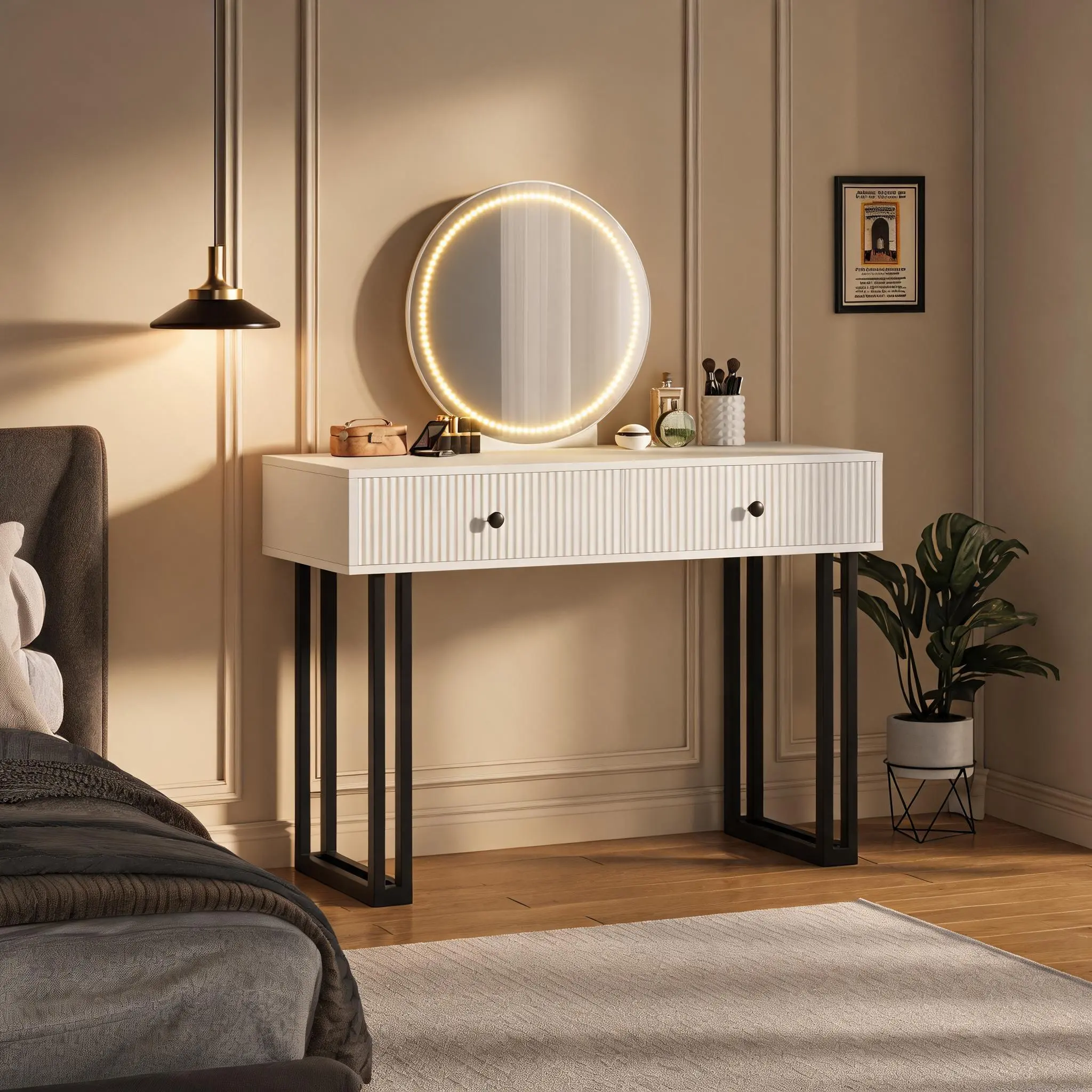 39.4" Black Vanity Desk with Mirror, Lights & Storage Drawers – Makeup Vanity with 3-Color Lighting & Adjustable Brightness for Bedroom