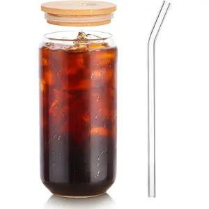 1 Pack Glass Cup, 16oz Drinking Glass with Bamboo Lid and Straw, Beer Tumbler for Mojito Soda Smoothies Whiskey Iced Coffee Cocktail Tea Juice