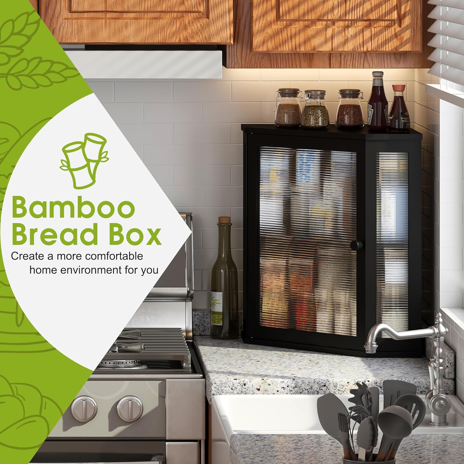 Corner Bread Box for Kitchen Countertop Double Layer  Wooden Bread box Large Capacity Bread Storage Bin(Black, )