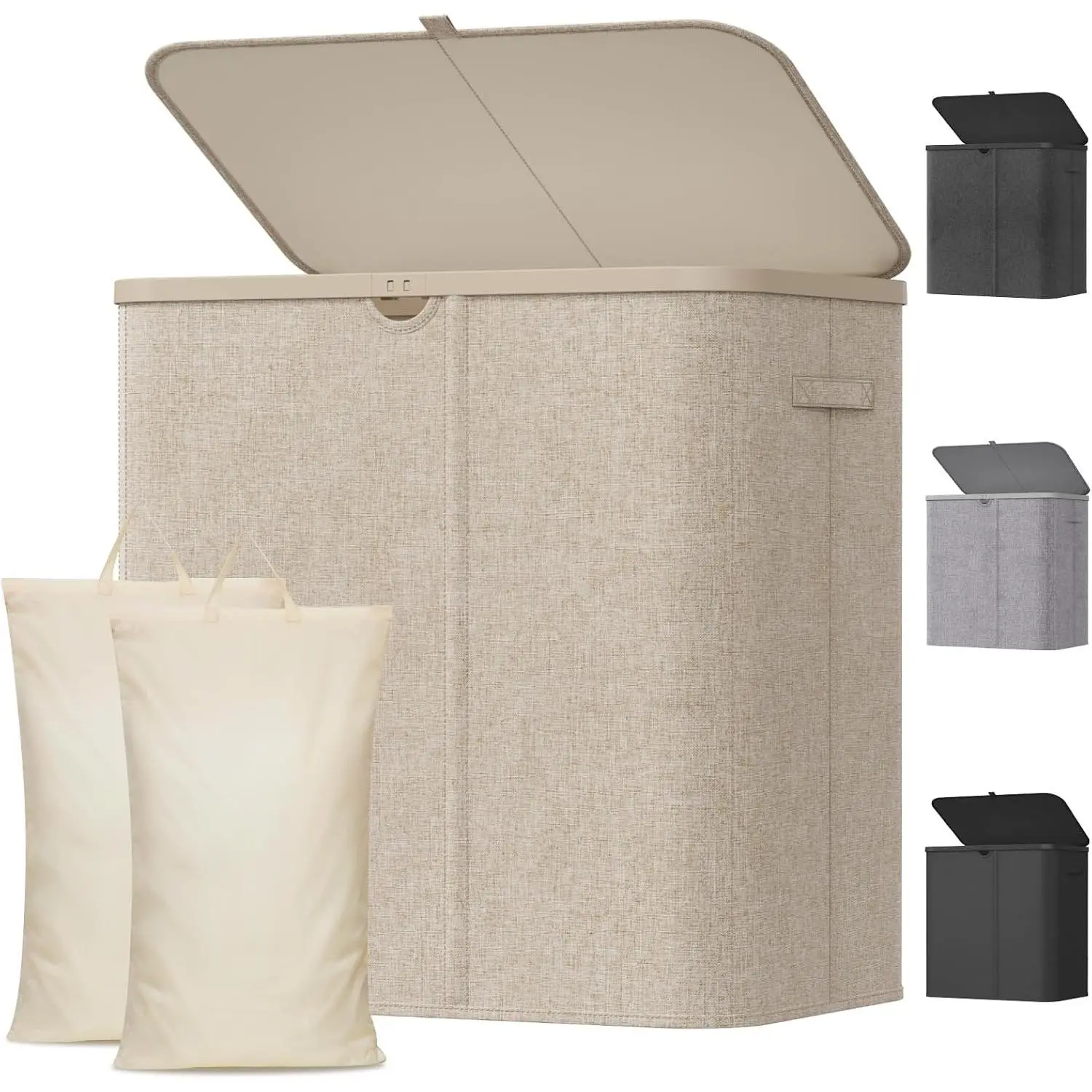 145L Large Laundry Basket with Lid, Laundry Hamper with Plastic Handles and Removable Bag, Foldable Tall Dirty Clothes Hampers for Laundry for Laundry Room, Bedroom, Bathroom, Dorm, Beige