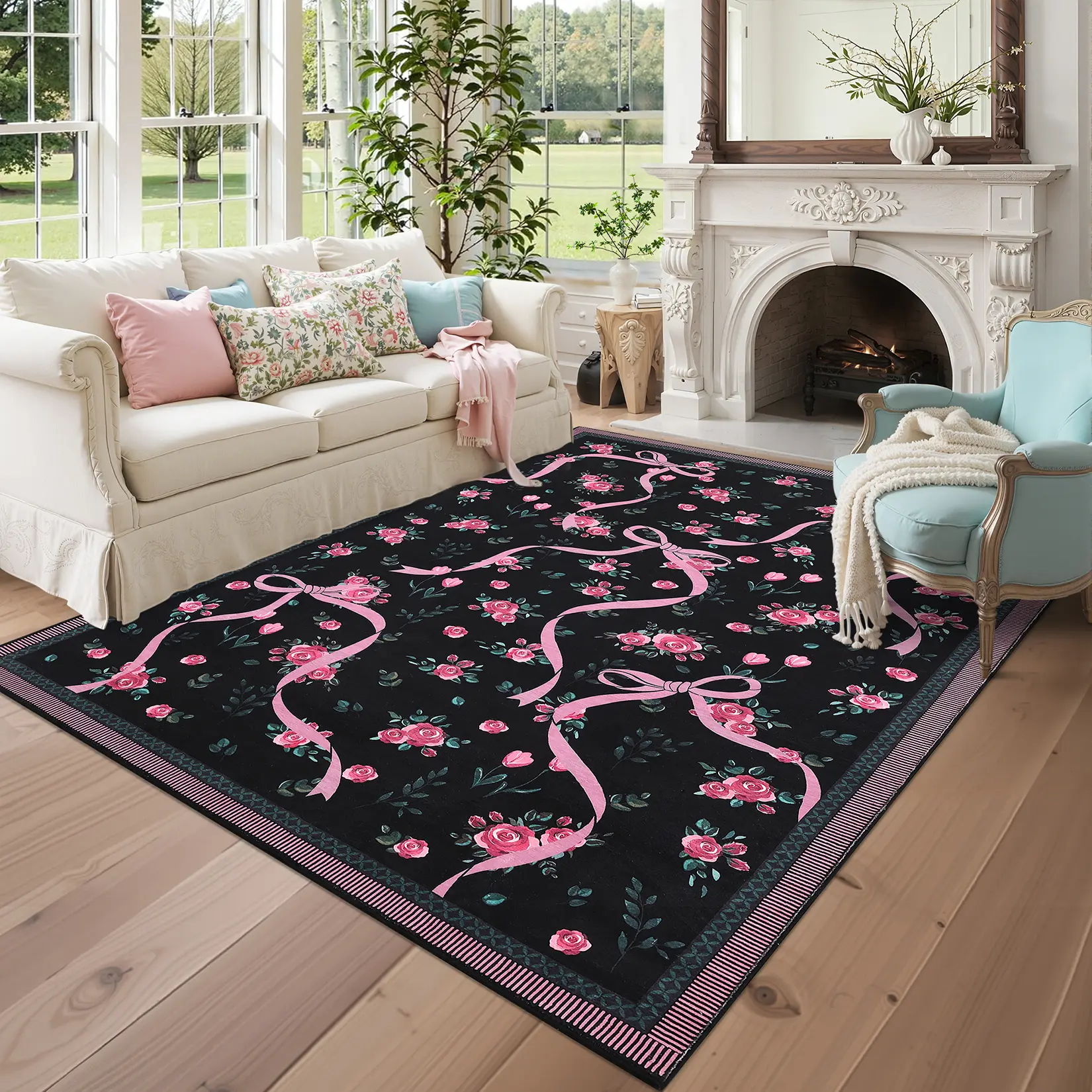 Modern Rose Bow Pattern Low-Pile Area Rug, Washable Soft Non-Slip Carpet for Bedroom & Cottagecore Farmhouse Home Decor, Cute Girl’s Room Mat