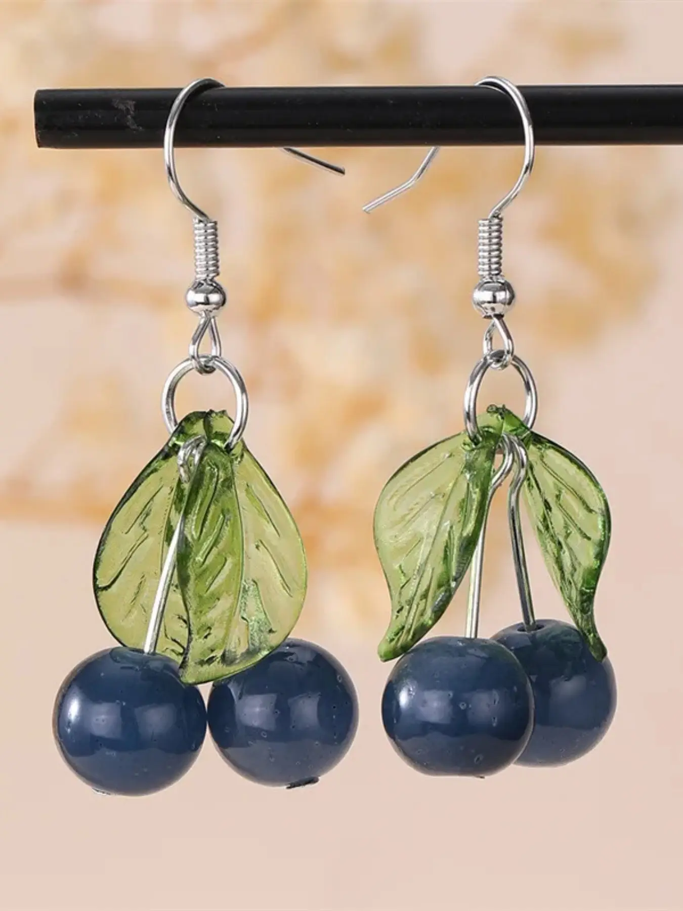 Women's Blue Cherry Earrings, Silver Wire Hook Long Dangle Earrings With 3D Gloss Transparent Resin Double Dark Blue Blueberry Charms & Textured Green Leaf Accents Neutral Lightweight Stackable Minimal Cottagecore Sweet Summer Fruit Statement Ear Jewelry