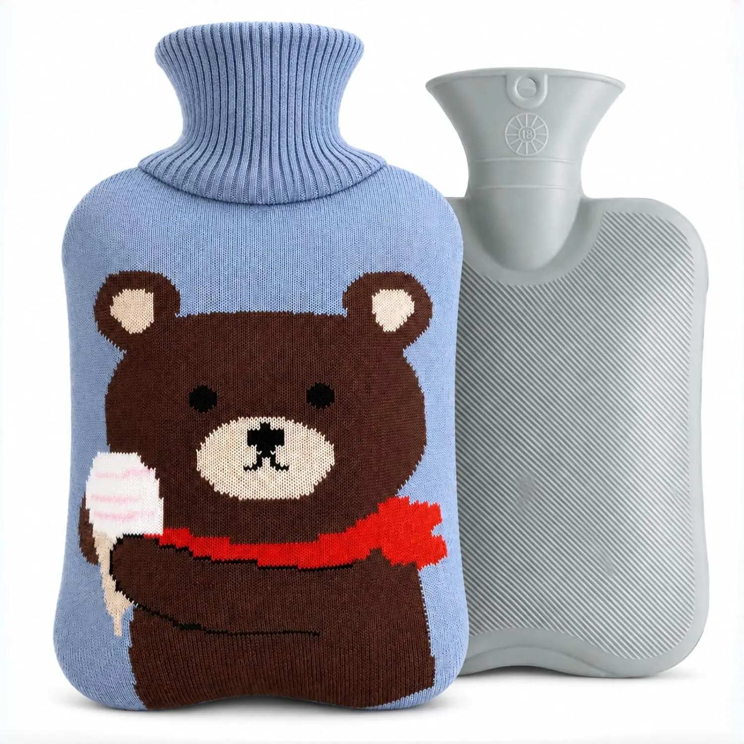 Hot Water Bag Hot Water Bottle 2 Liter Heat Up and Refreezable Hot Cold Pack with Knit Cover for Pain Relief Hot Cold Therapy, Cartoon Bear