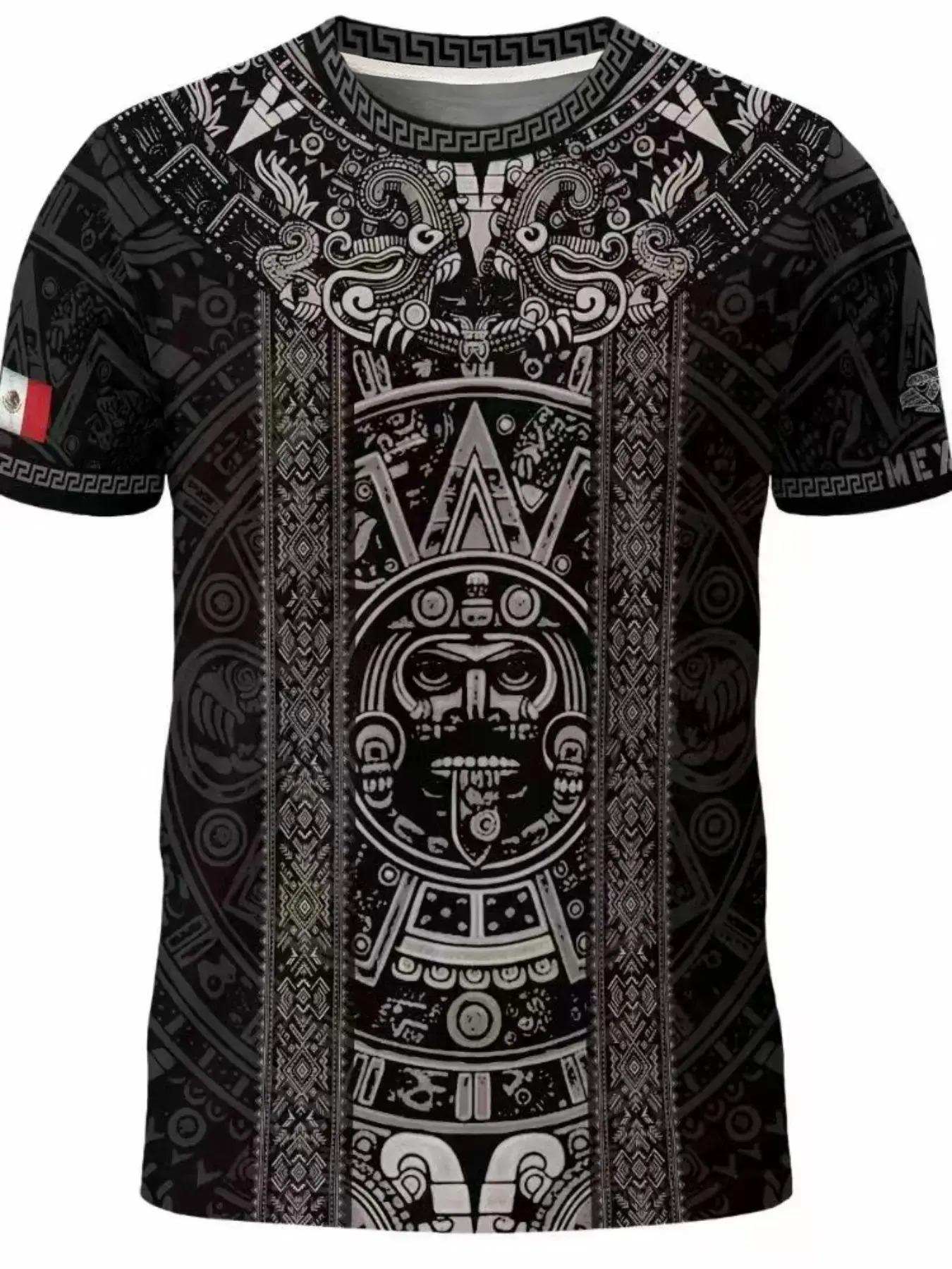 Aztec sunflower patterned Mexican style cultural shirt, slim casual streetwear, suitable for all seasons long sleeved top, ethnic and tribal style, animal and geometric print knit shirt, men's clothing, versatile for daily use