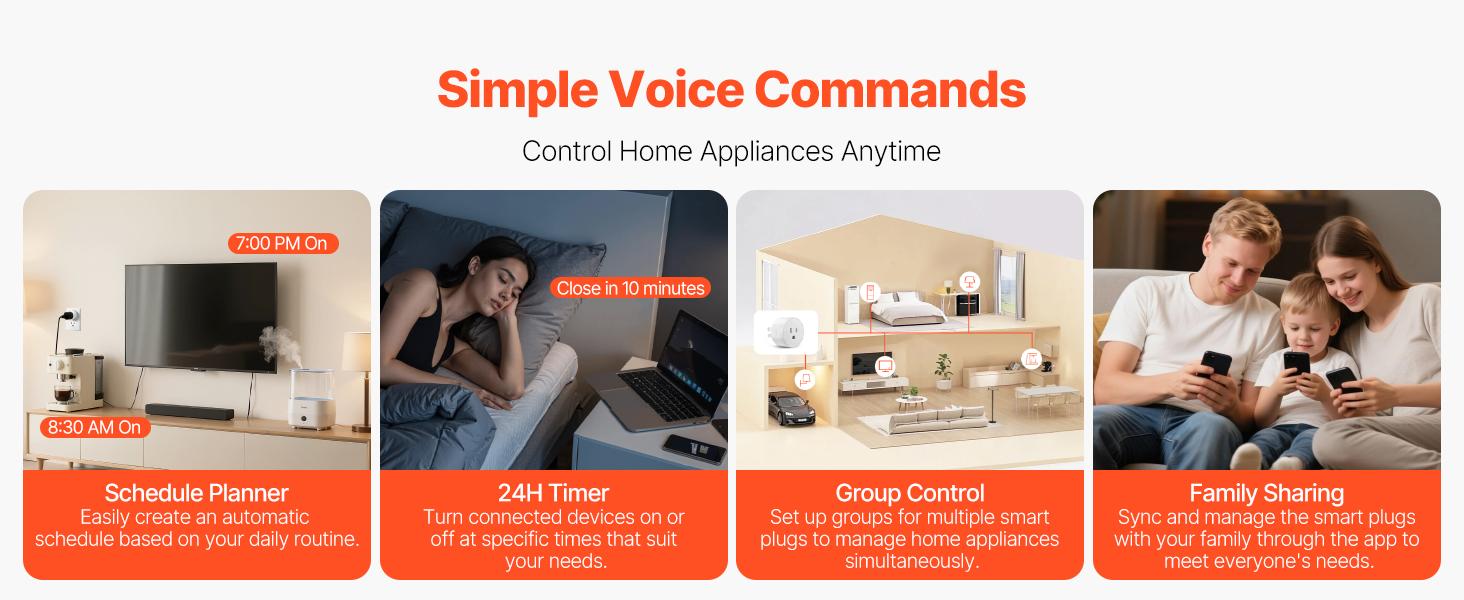 VEVOR Smart Plug, WiFi Smart Outlet Compatible with Alexa and Google Home, WiFi Plugs with Scheduling, App Control & Timer Function, 2.4GHz Wi-Fi Only, 15Amp, No Hub Required, White (4 Pack)