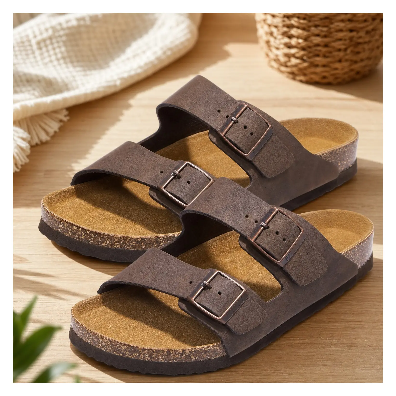 Men's Arch Support Sandals with Adjustable Buckles, Cork Footbed, Genuine Leather Insole, Non-Slip Open Toe Double Strap Slides, Casual Comfortable for Indoor Outdoor Beach Summer VacationGift