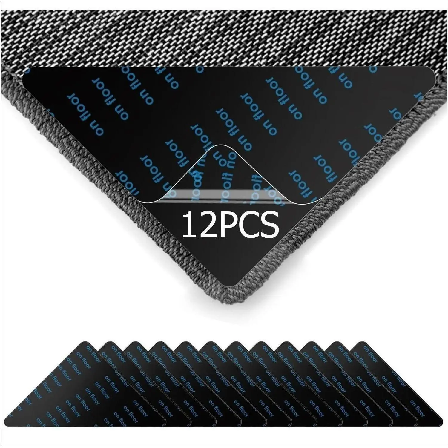 12-Piece Black Carpet Tape Set, Double-Sided Adhesive Anti-Slip Rug Corner Grippers, Reusable Washable Carpet Clips for Hardwood Floors & Tiles Area Rugs