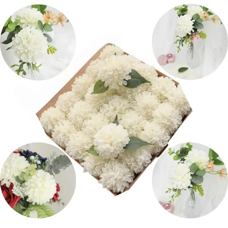 Artificial Dahlia Flowers 50pcs Real Looking Ivory Foam Fake Roses with Stems for DIY Wedding Bouquets White Bridal Shower Centerpieces Floral Arrangements Party Tables Home Decoration