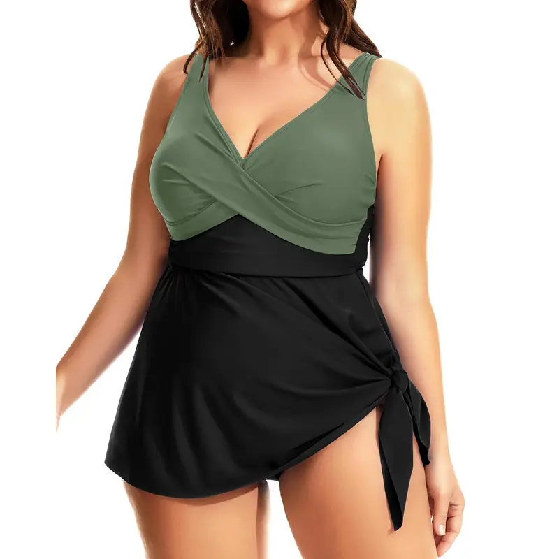 Daci Plus Size One Piece Swimsuits for Women Flowy Asymmetrical Hem Swim Dress with Shorts Built in