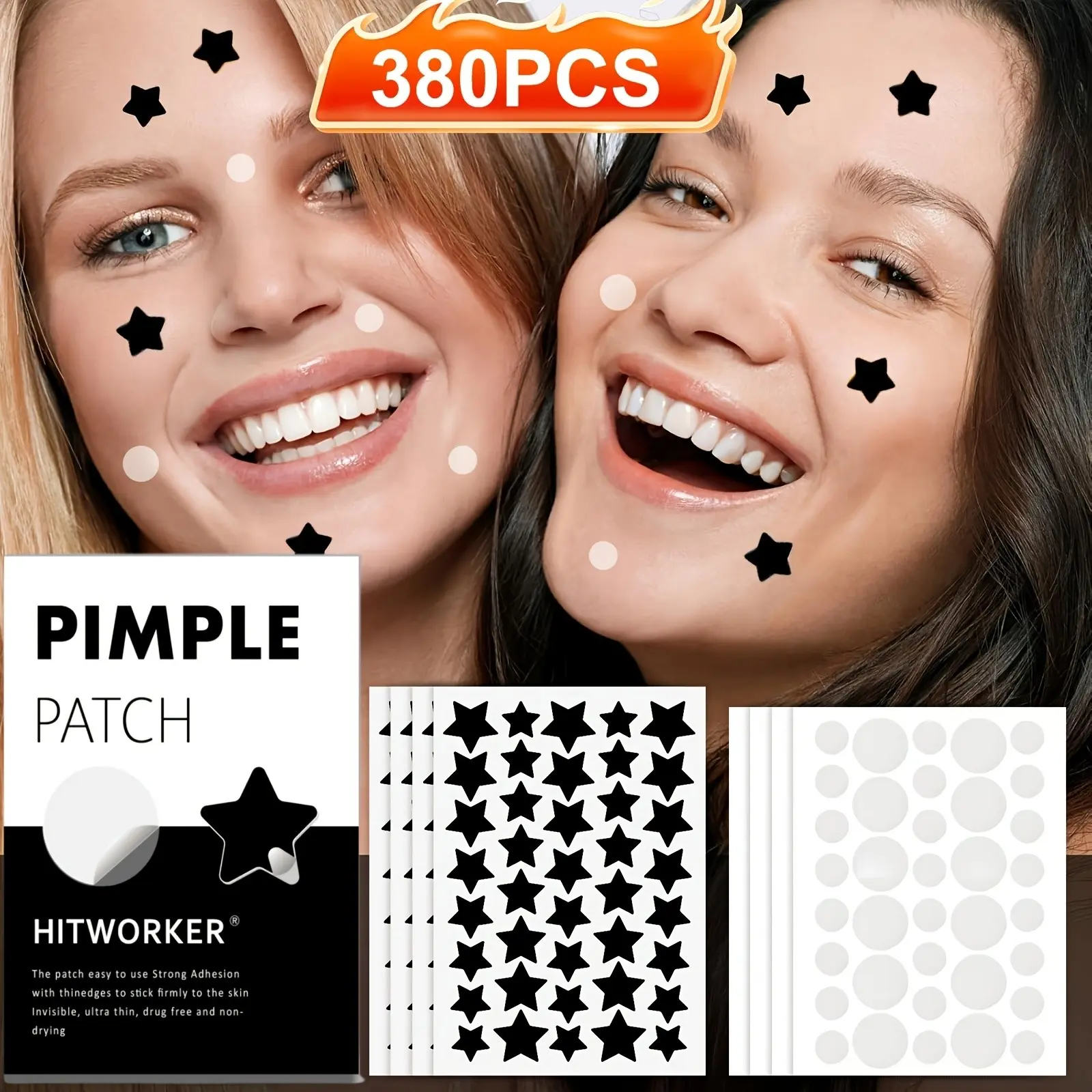 380pcs Light Spot Cover Patches, Star & Round Facial Stickers, Fragrance-Free, Dark-Themed Beauty Dots, Everyday Face Accessories