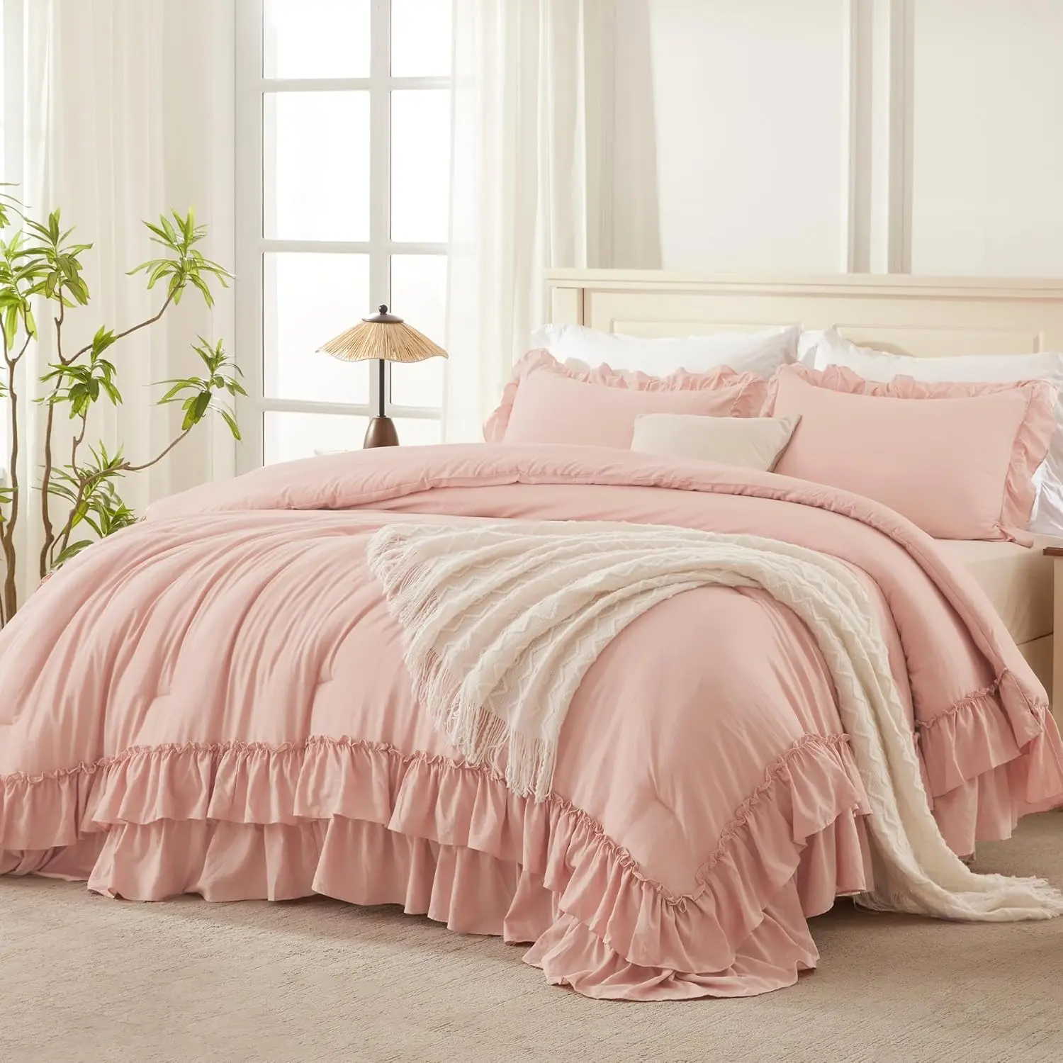 Blush Ruffle Comforter Set Queen Size, 3 Pieces | Soft Lightweight Fluffy Polyester, Farmhouse Shabby Chic, All Season Bedding Comforter Set (1 Comforter and 2 Pillowcases)
