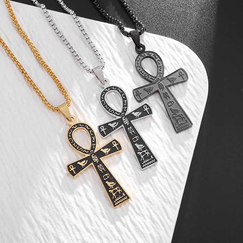 FLORIDECO Egyptian Stainless Steel Ankh Cross Necklace - 24IN Steel Necklace for Christmas/Father's Day in Black/Gold/Silver Trendy Jewelry Cuban Link Chain Cuban Link Design