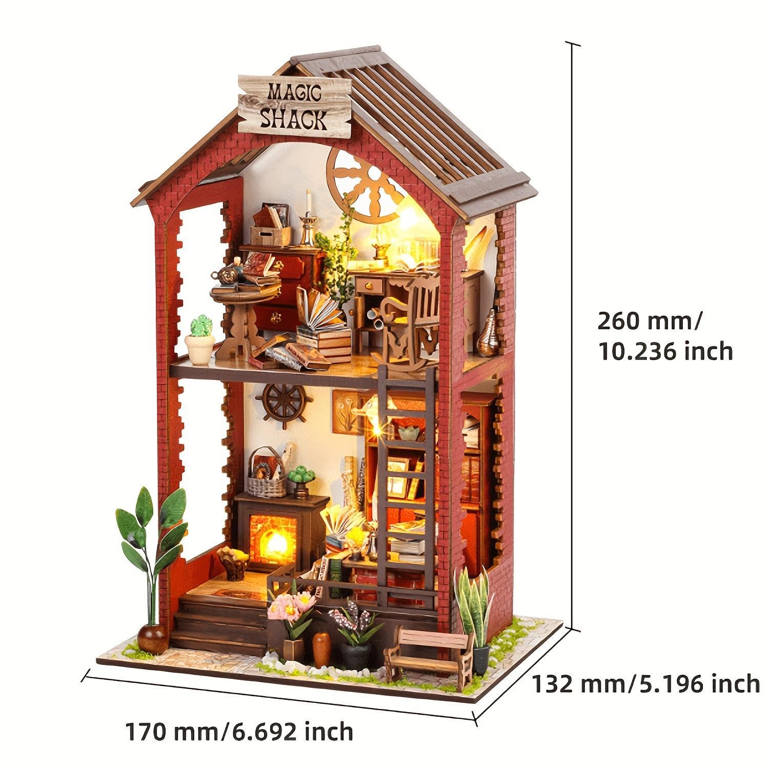 DIY Wooden Book Nook Kit, DIY Miniature House Kit with Light, 3D Desktop Decoration Ornament, DIY Model Kit for Bookshelf Decoration, House Building Kit