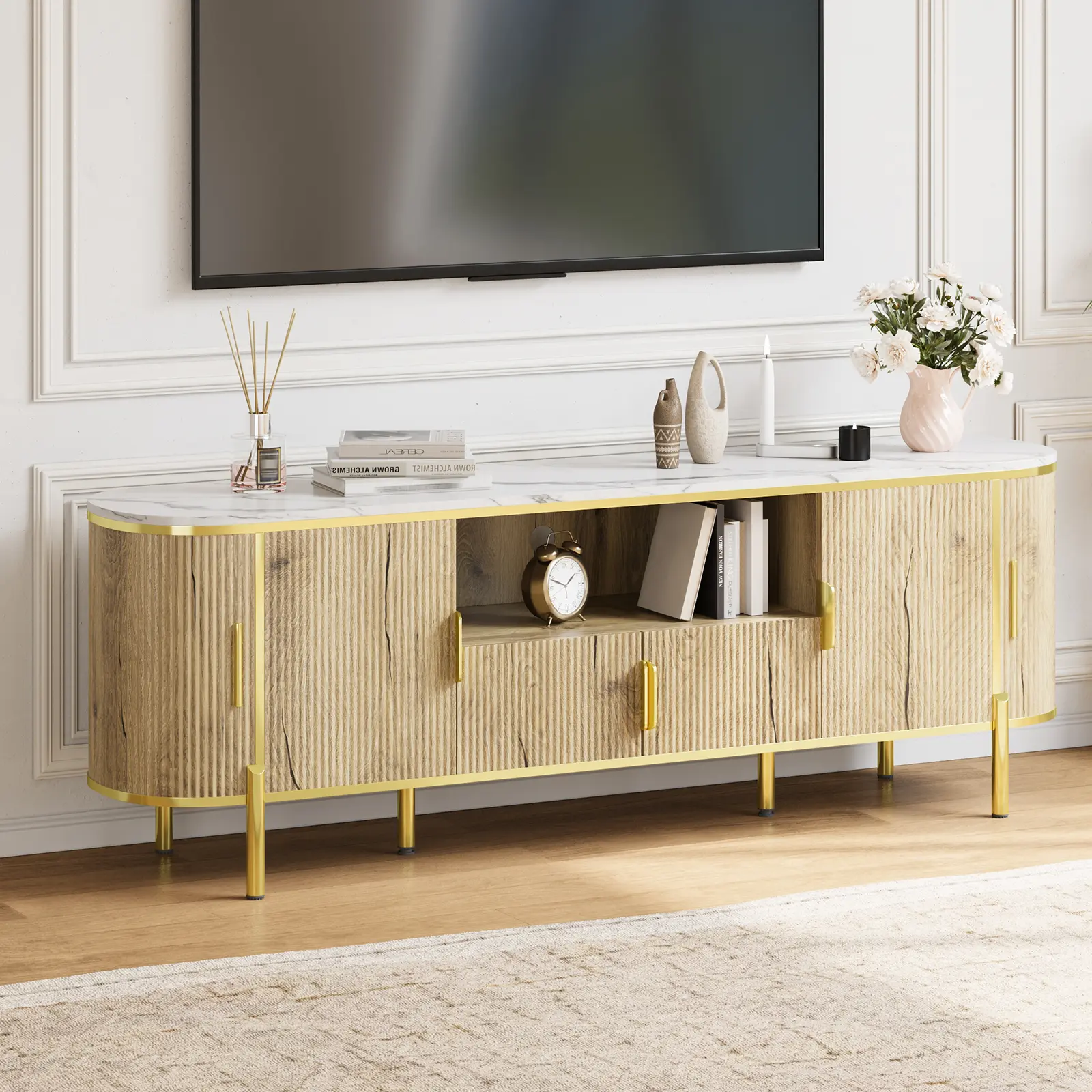 Luxury 70" Fluted TV Stand, Curved Profile Sliding Doors Design TV and Media Console Table with Faux Marble Top and Adjustable Shelves, Entertainment Center for Living Room, Bedroom