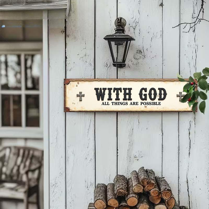Rustic Metal Sign "with God All Things Are Possible" - 4x16 Inch Farmhouse Christian Wall Art, Vintage  Iron Scripture Plaque for /Outdoor, Porch, Garden, Church - Inspirational Verse Decor & Housewarming Gift,