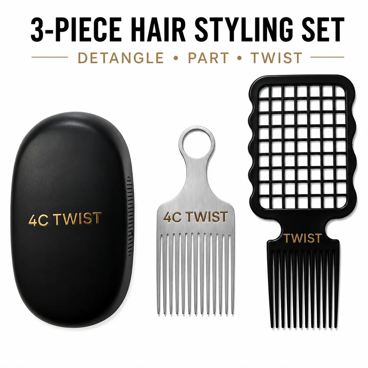 4C TWIST 3-Piece Hair Styling Set for Men, Detangling Brush, Metal Afro Pick & Grid Twist Comb for 4C Curly Coily Natural Hair, Twists & Locs