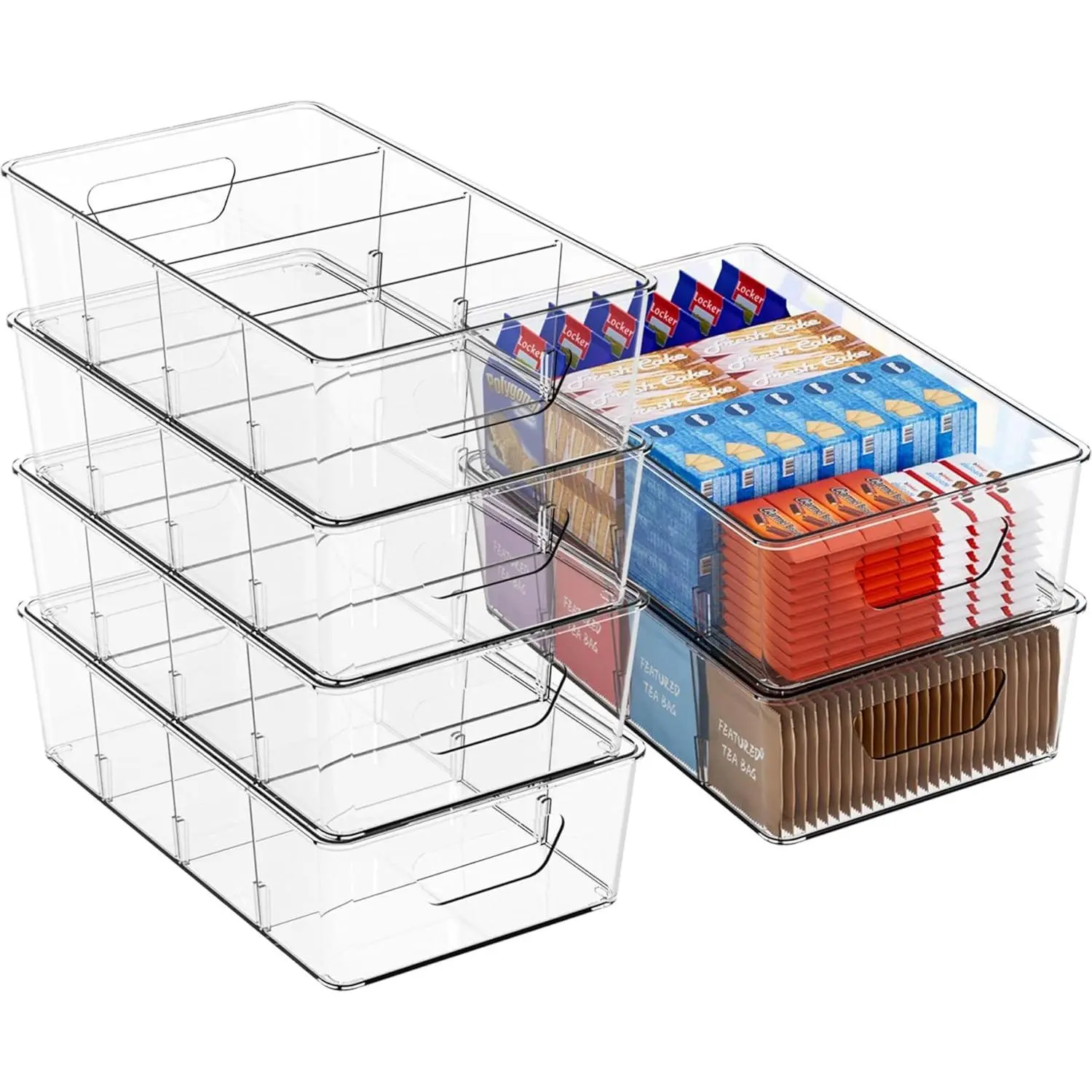 Stackable 6 Pack Snack Organizer - Clear Plastic Storage Bins for Pantry, Fridge, Office, Cupboard. Ideal for Breast Milk, Tea Bags, Food Storage.
