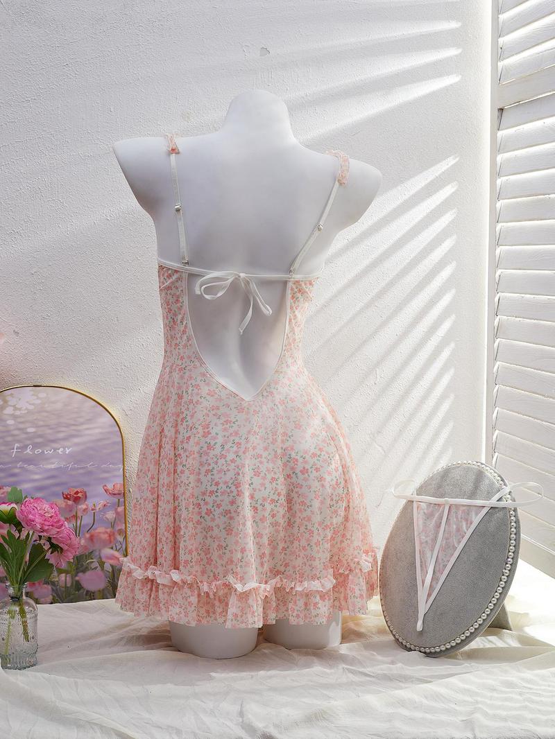 Women's Ditsy Floral Print Bow Decor Frill Trim Mesh V Neck Cami Nightdress & Thong Sexy Sleepwear Two-Piece Set, Romantic Fashion Adjustable Strap Tie Back Backless Ruffle Hem Nightgown & Panty, Women's Sleepwear for All Seasons