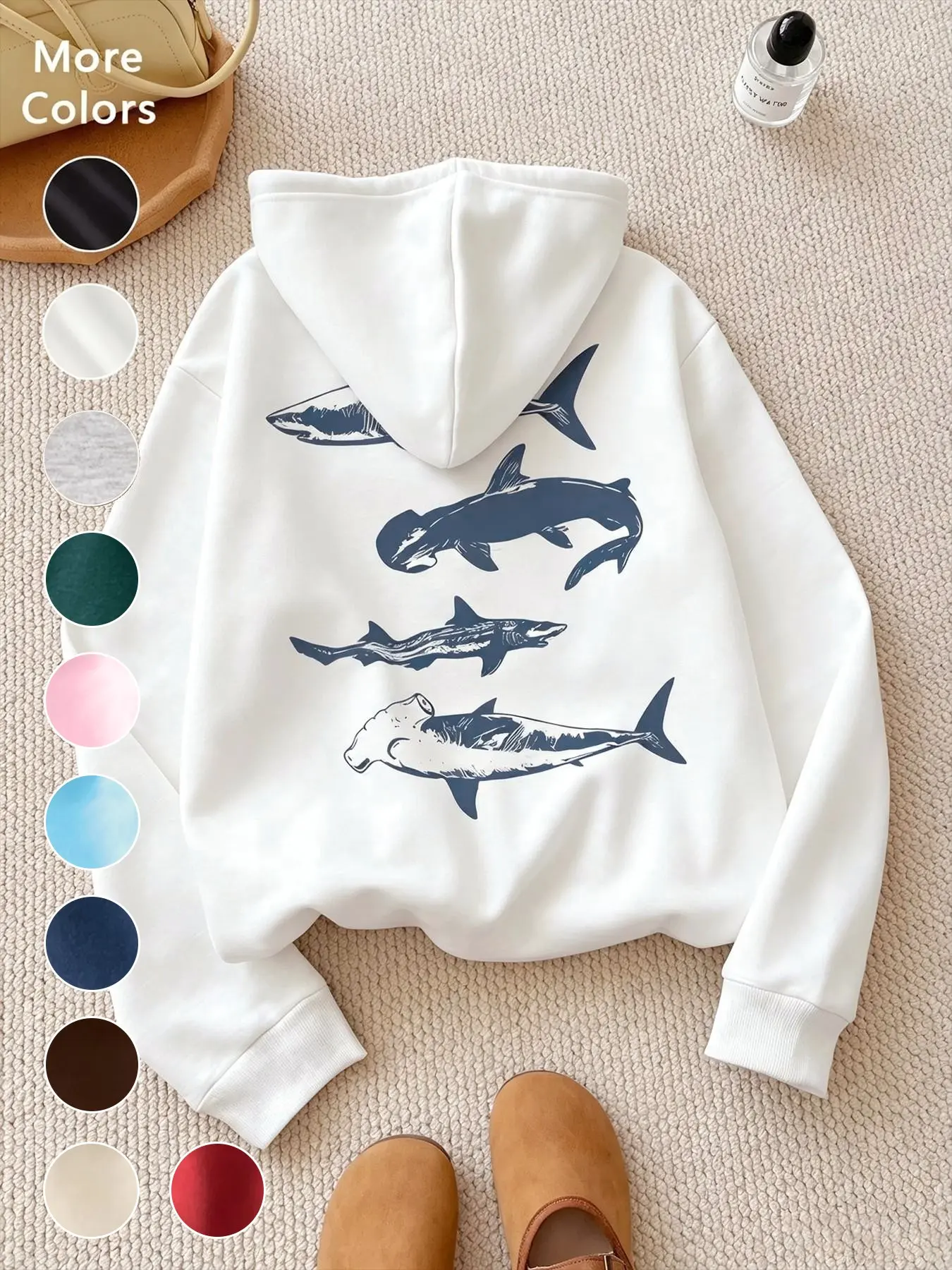 Vintage Shark Print Hoodie, Loose Fit, Soft Knit Fabric, Casual Style, Spring & Fall Wear, Multiple Colors Available