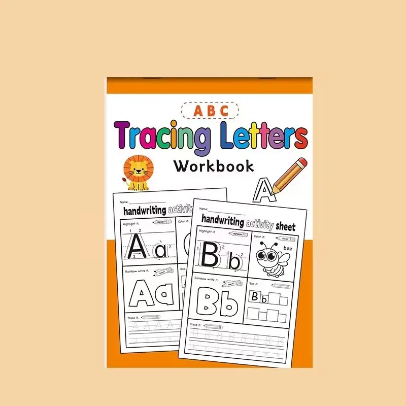 An orange English alphabet workbook, for zero-level word learning, with proper control of pen and handwriting practice, a student-specific writing aid, Paper Book