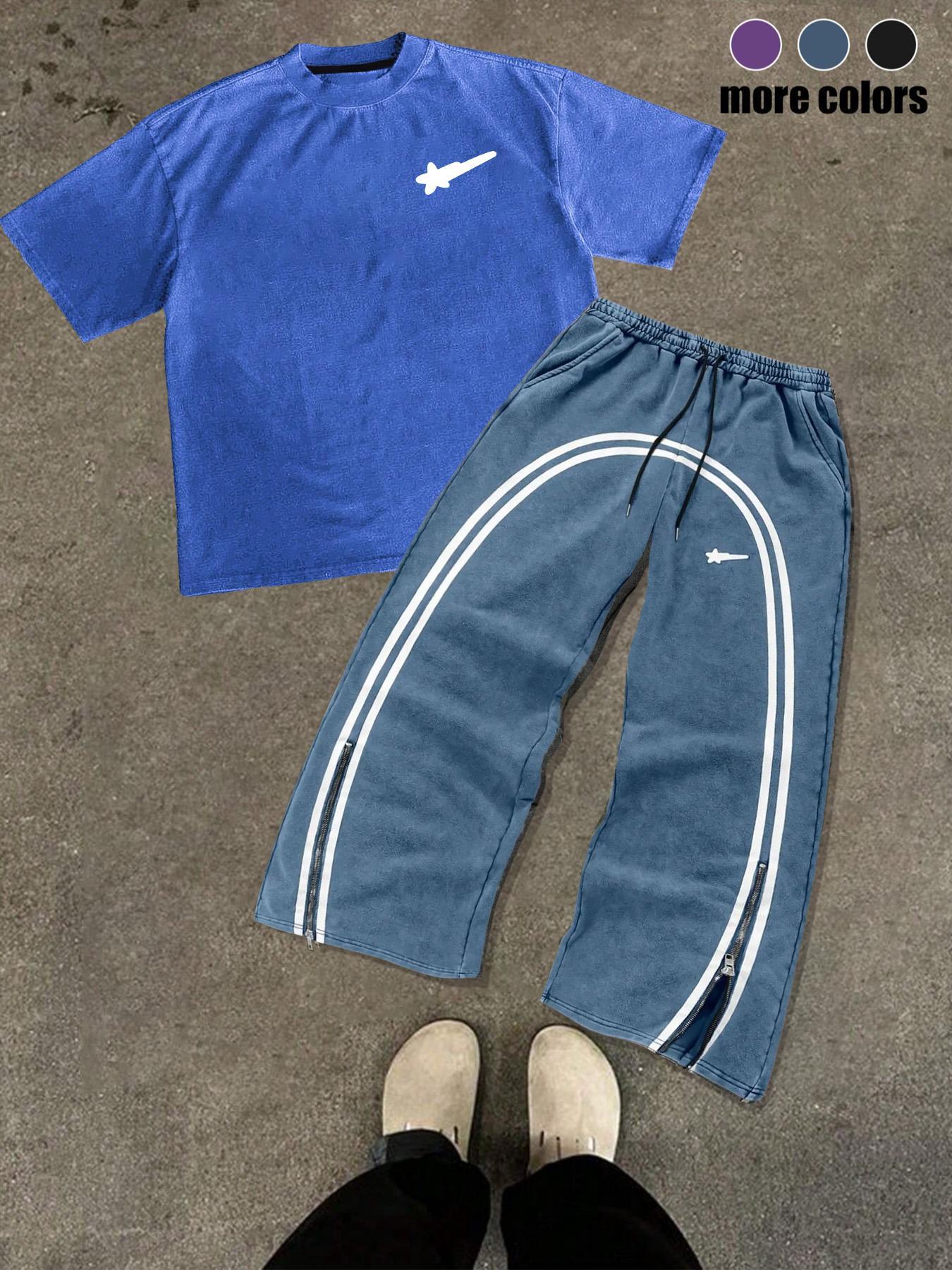 Men's Star & Striped Print Tee & Pants Set, Loose Fashion Round Neck Short Sleeve T-shirt & Trousers for Daily Outdoor Wear, Men's Clothing for Spring & Fall, Menswear