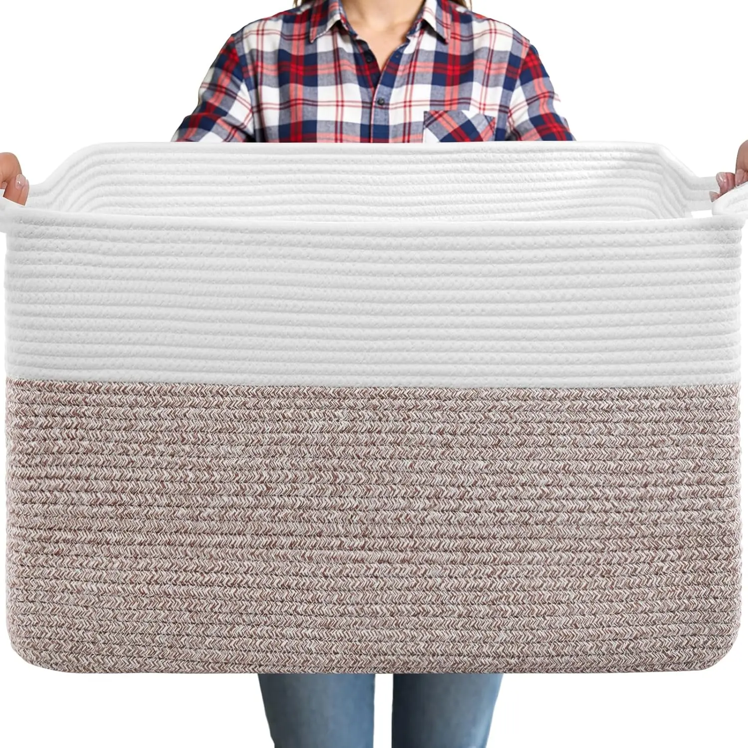75L Extra Large Blanket Basket for Living Room - Cotton Rope Laundry Hamper Woven Baskets XXL Storage Bin with Handles for Dirty Clothes, Kids, Pets, Toys, Bedroom, 22" x 17" x 12", White & Brown