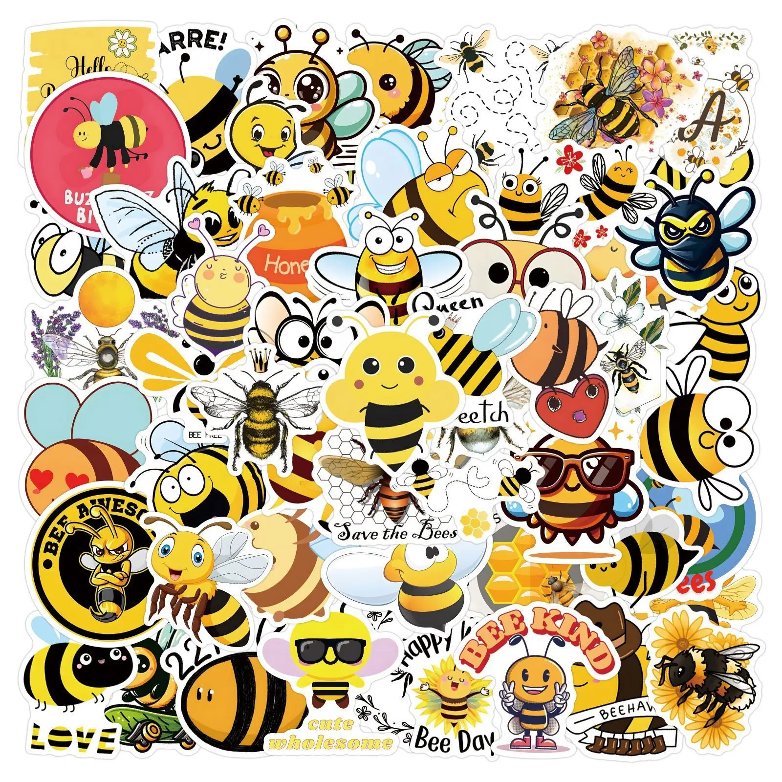 55 New Cute Bee Cartoon Stickers, Waterproof Car Luggage Cup Phone Case Decals, Fun and Durable Decorative Stickers for Daily Use