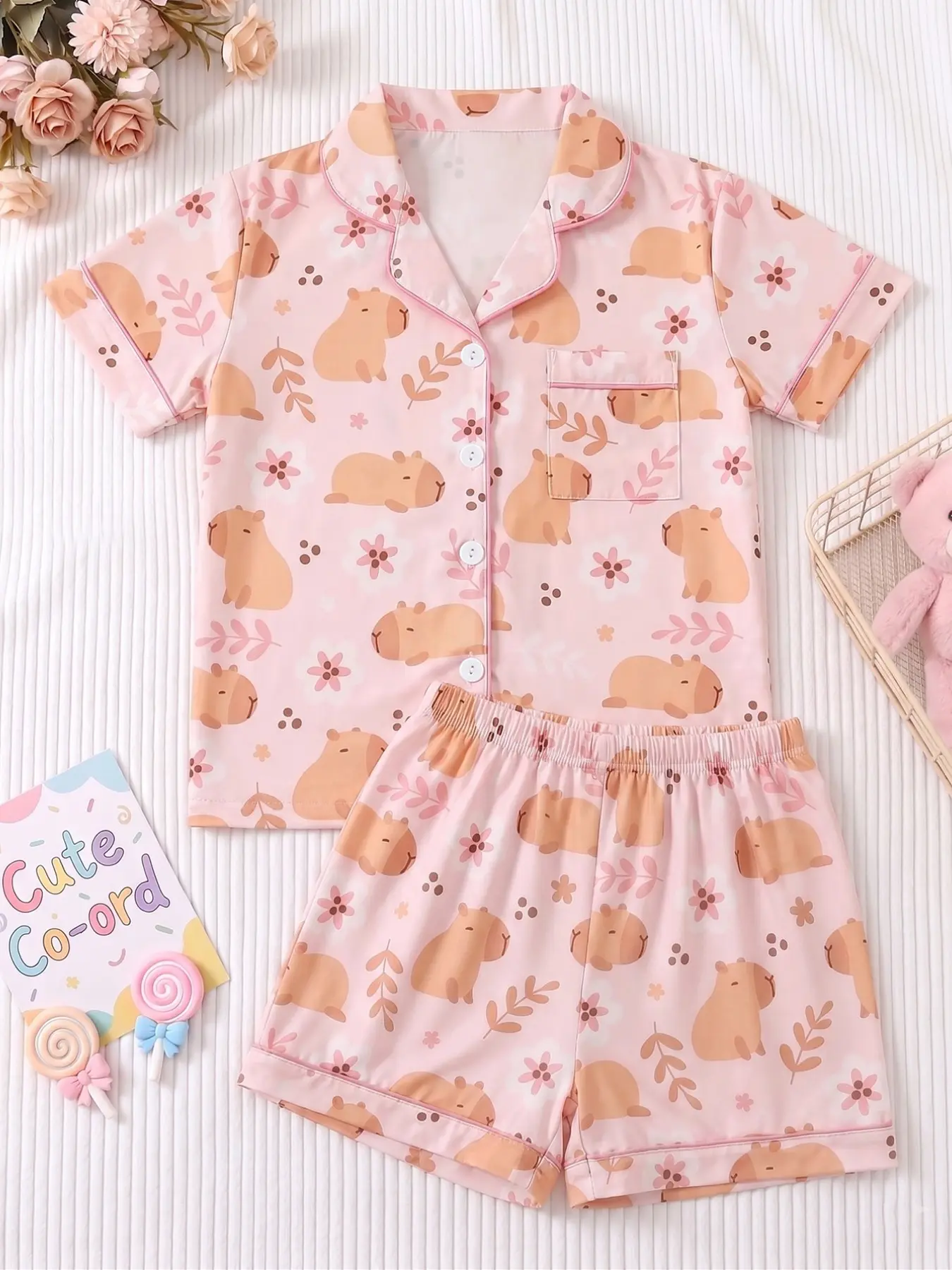 Girls' Cartoon Pattern Short Sleeve Pajama Set, Cute Fitted Button Front Sleepwear, Summer Lightweight Comfortable Fire-Resistant