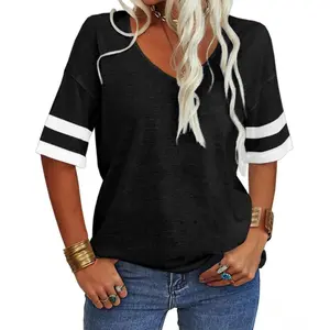 【Cuff splicing】Imily Bela Women's  Soft V Neck Tshirt Half Sleeve Lightweight Solid Color Loose Fit Minimalist Top  Casual Comfortable Simple Womenswear shirts